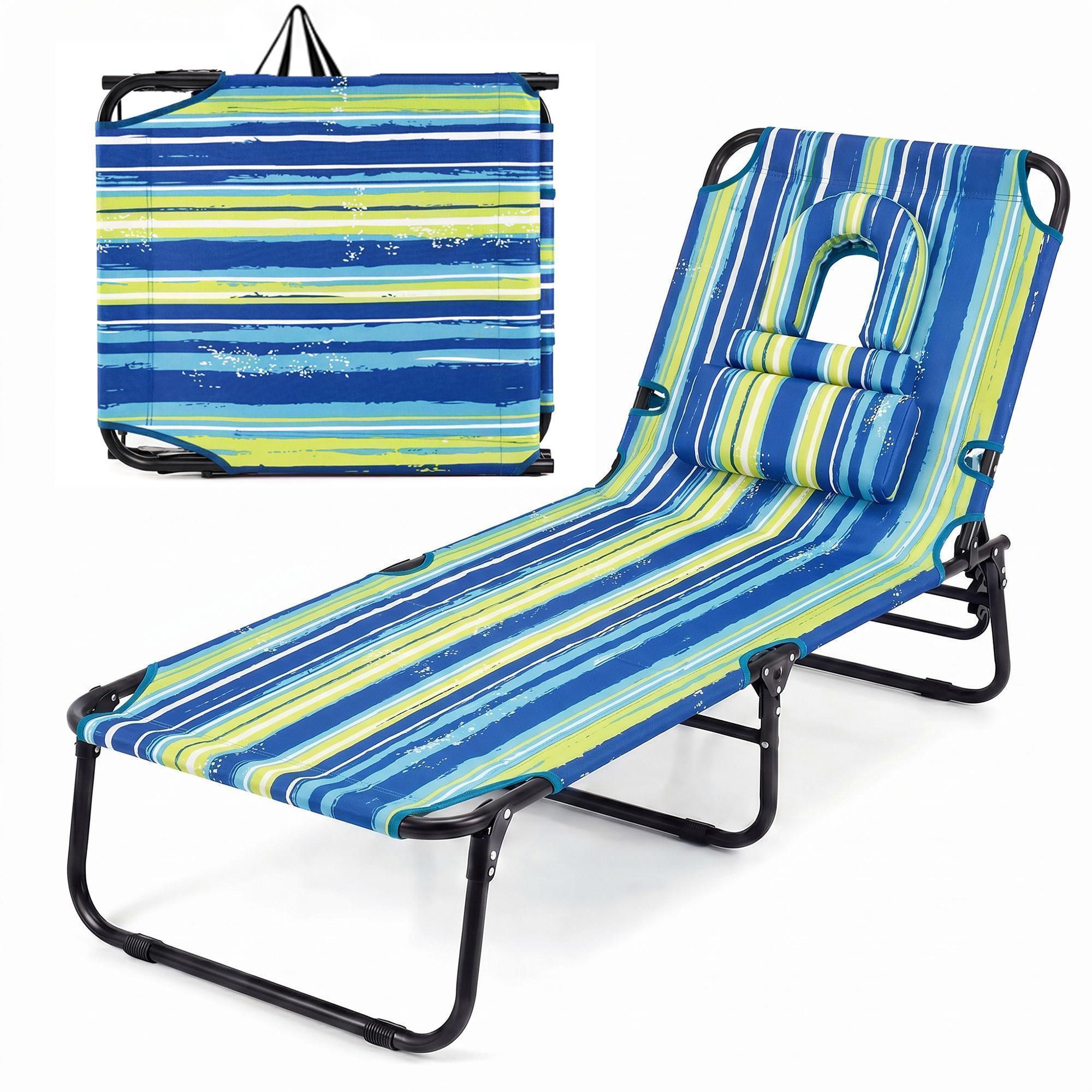 ELLEGNT 1 PCS Beach Lounger with 4?Position Reclining Backrest, Removable Pillows and Face Hole-Folding Design, Blue Stripe