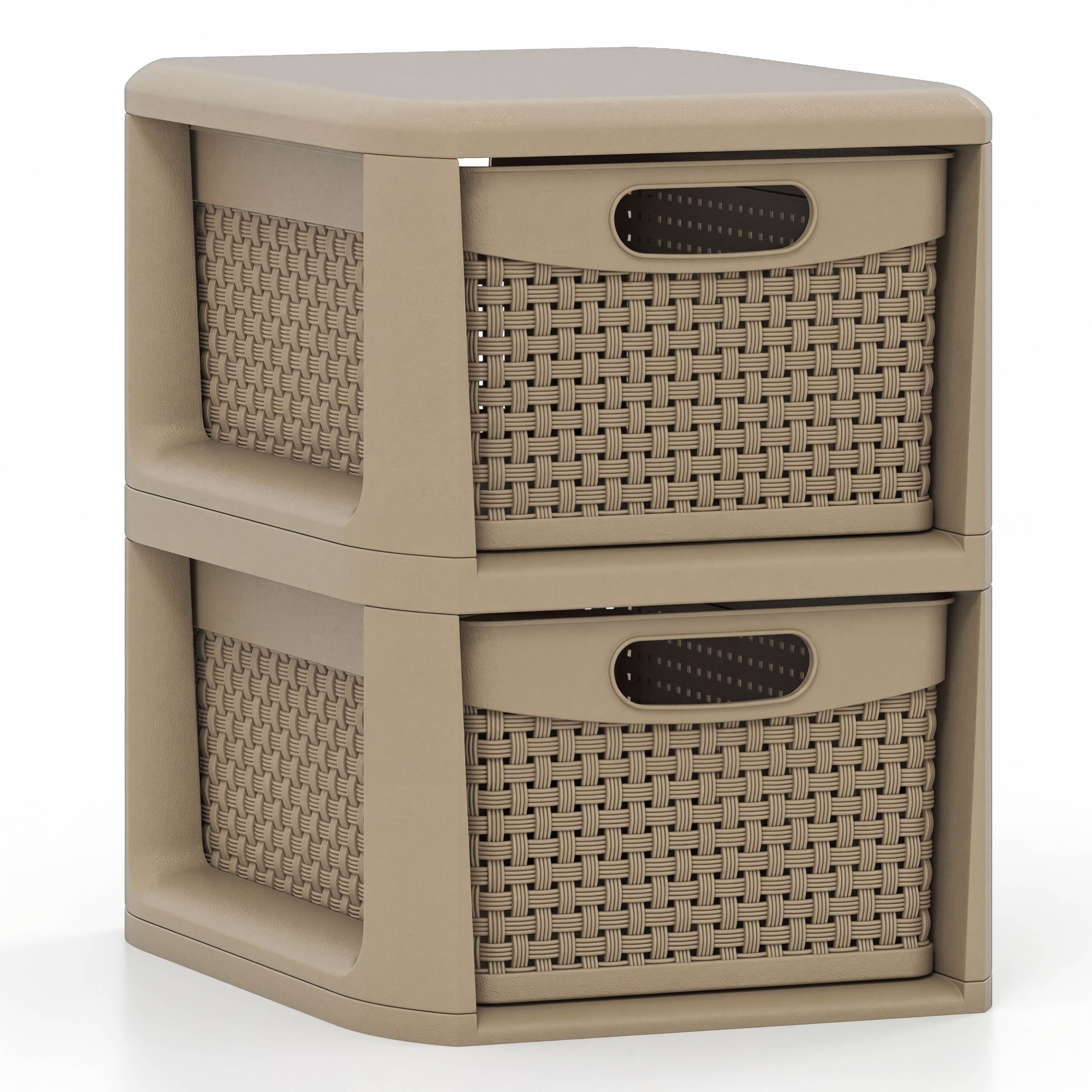 ELLEGNT 1 PCS 2?Drawer Storage Unit for Bedroom and Bathroom-with Wicker Texture and Handles, Tan