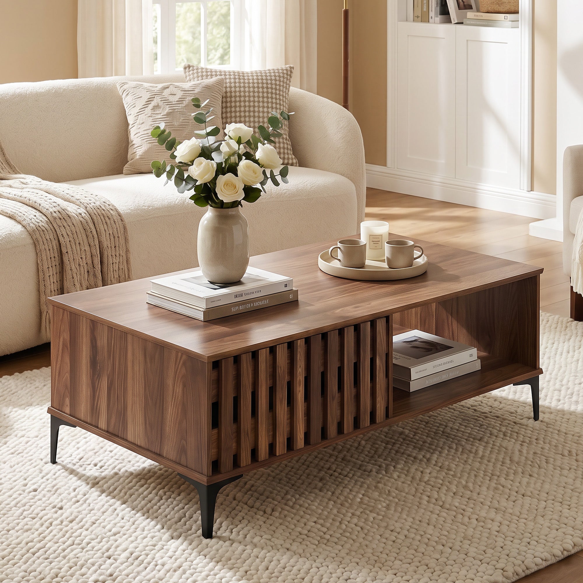ELLEGNT Mid?Century Coffee Table with Front and Rear Cabinets-47 in, Fence?Style Doors and Open Compartment