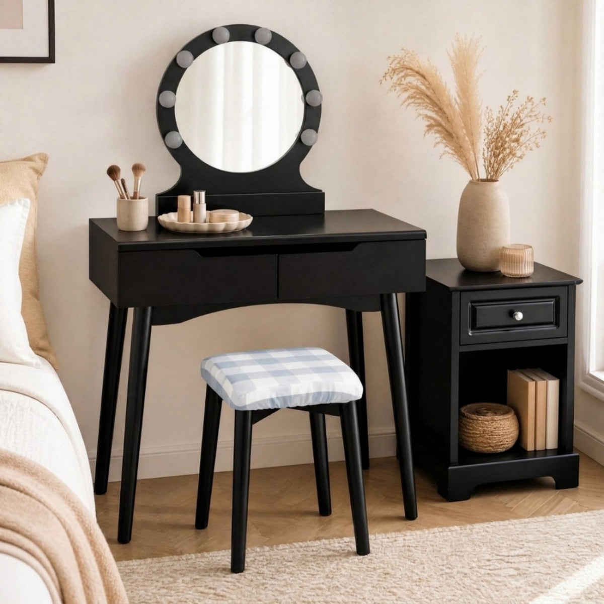 ELLEGNT Black Makeup Vanity Table Set with Round Lighted Mirror, 2 Drawers, Cushioned Stool