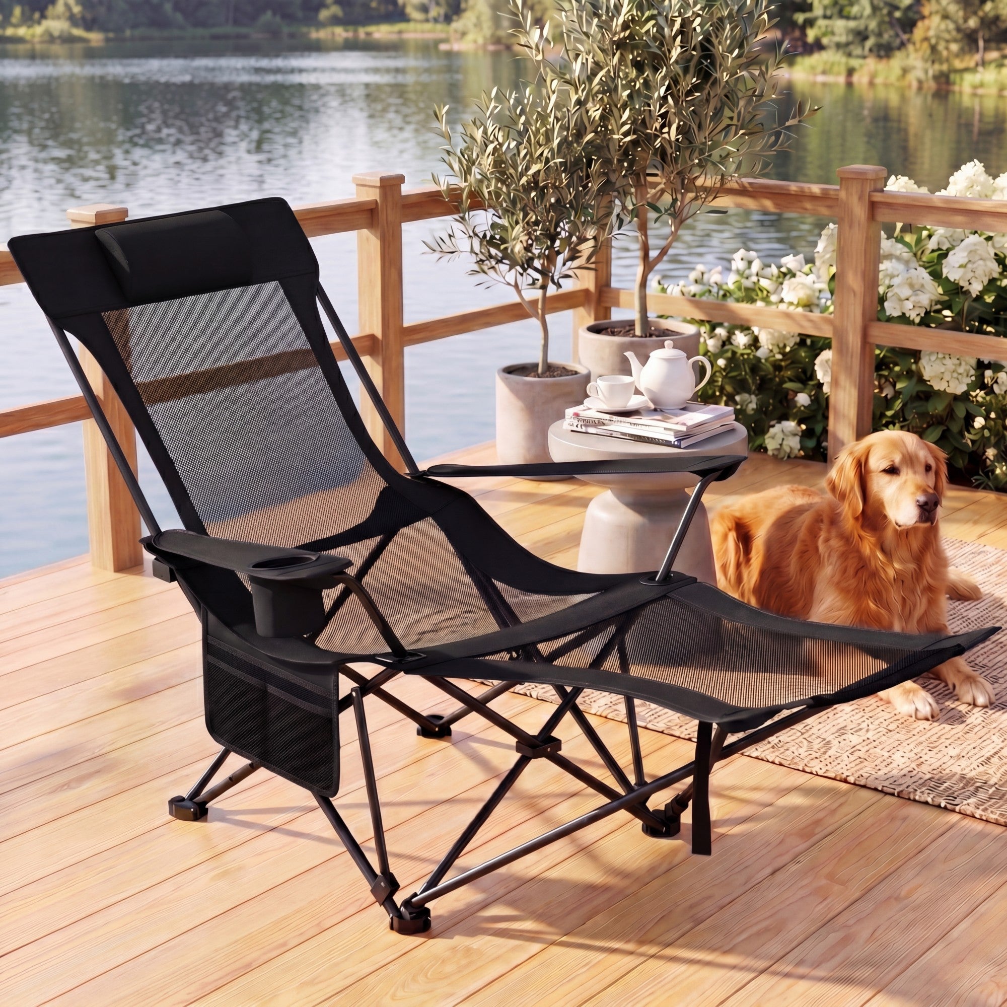 ELLEGNT 1 PCS Detachable Footrest Camping Chair-4?Position Reclining Backrest, Lounge Chair with Carrying Bag, Black