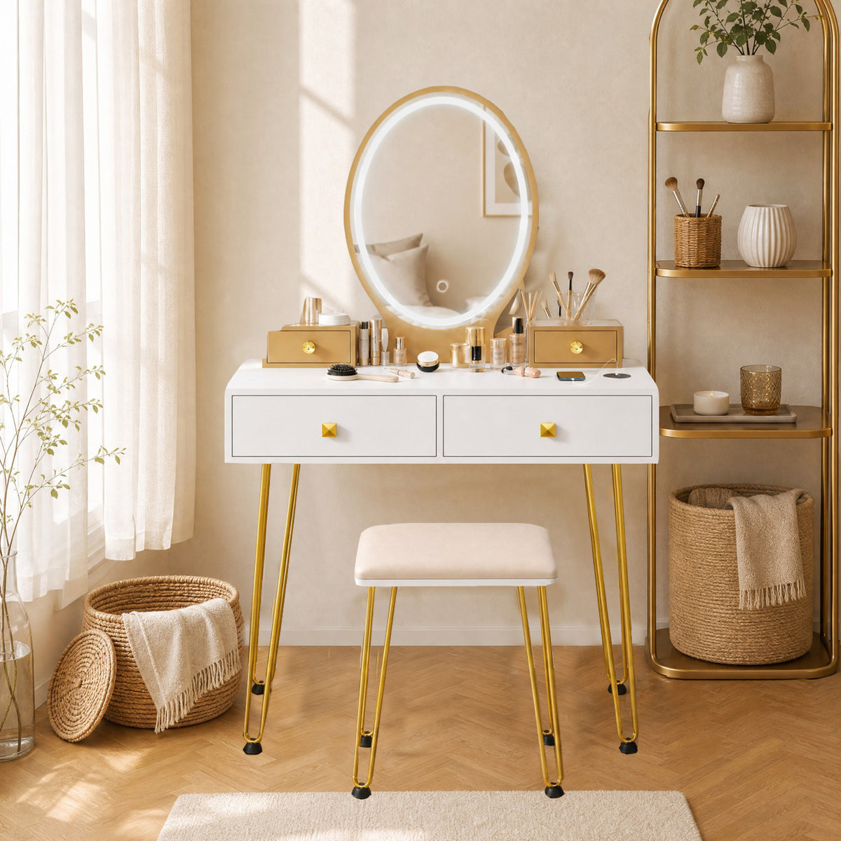 ELLEGNT Vanity Desk Set with Lighted Mirror, 3 Light Modes, Charging Station, 4 Drawers, White + Gold