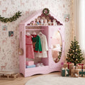 ELLEGNT Kids Wardrobe with Mirror-Roofed Dress Up Storage Closet with Open Hanging Rack Pink