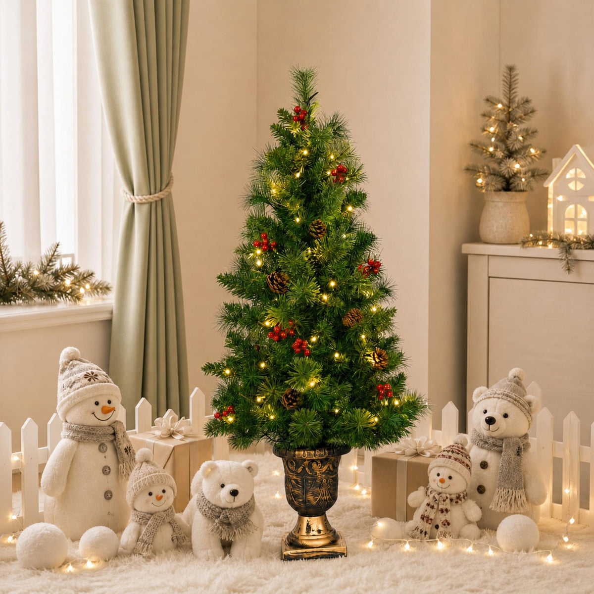 ELLEGNT 4 ft Pre Lit Potted Christmas Tree for Home Porch Entryway Green