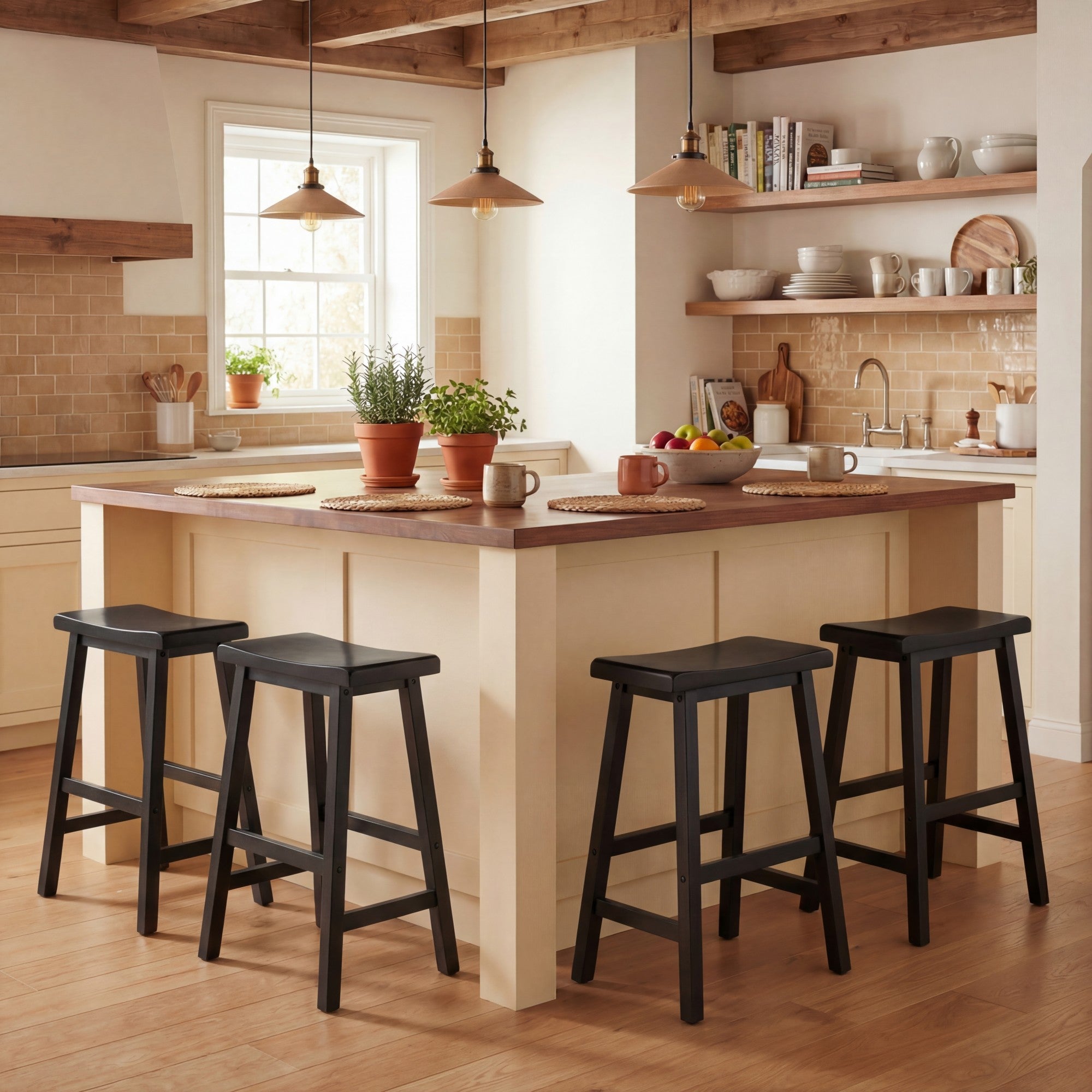 ELLEGNT 4 PCS Solid Wood Saddle Bar Stools-Backless with Footrests, Wooden Counter Stools Black