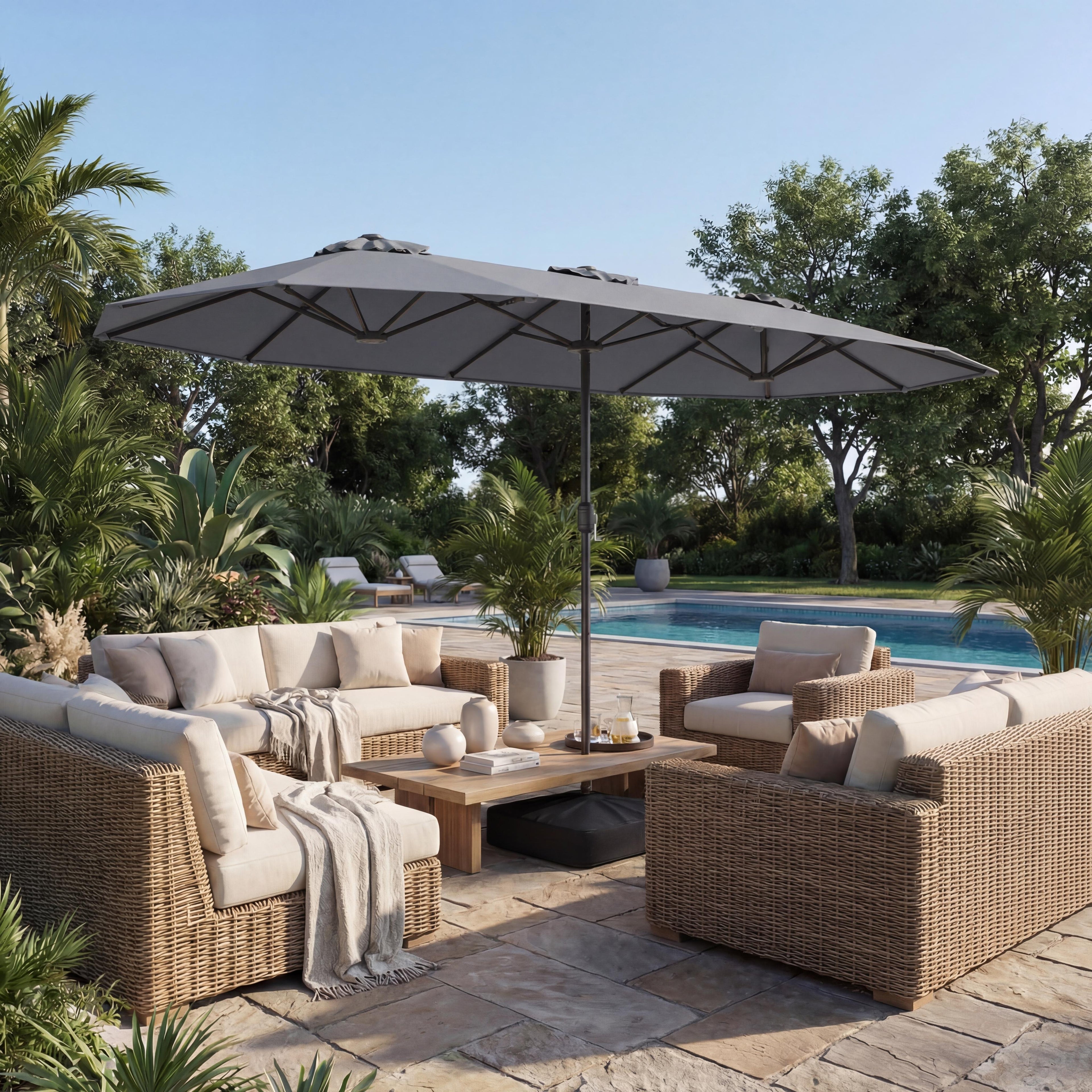 ELLEGNT 13FT Double-Sided Patio Umbrella- with Crank Handle, Safety Lock and Base Gray