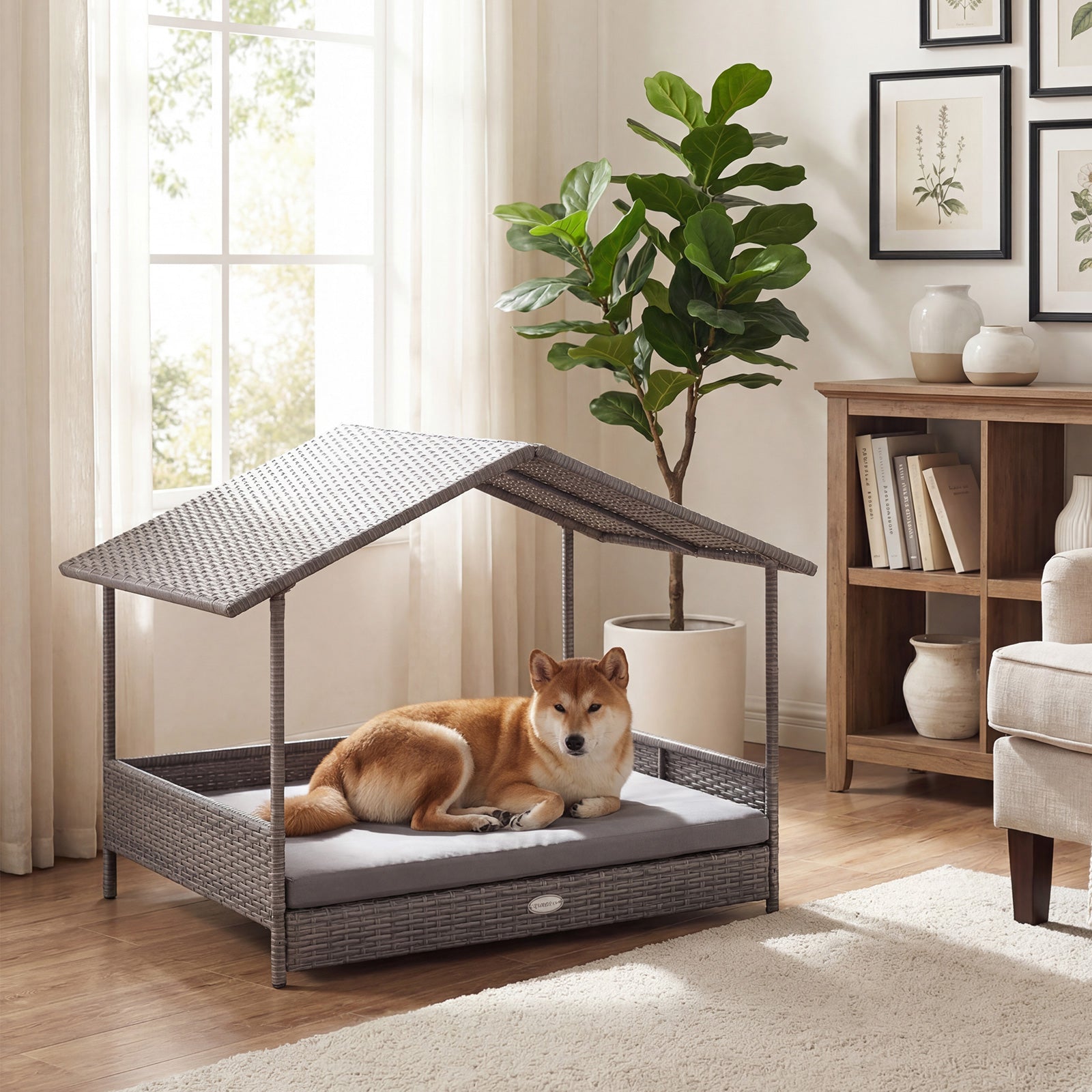 ELLEGNT Waterproof Dog House with Removable Cushion Wicker Canopy Dog Bed