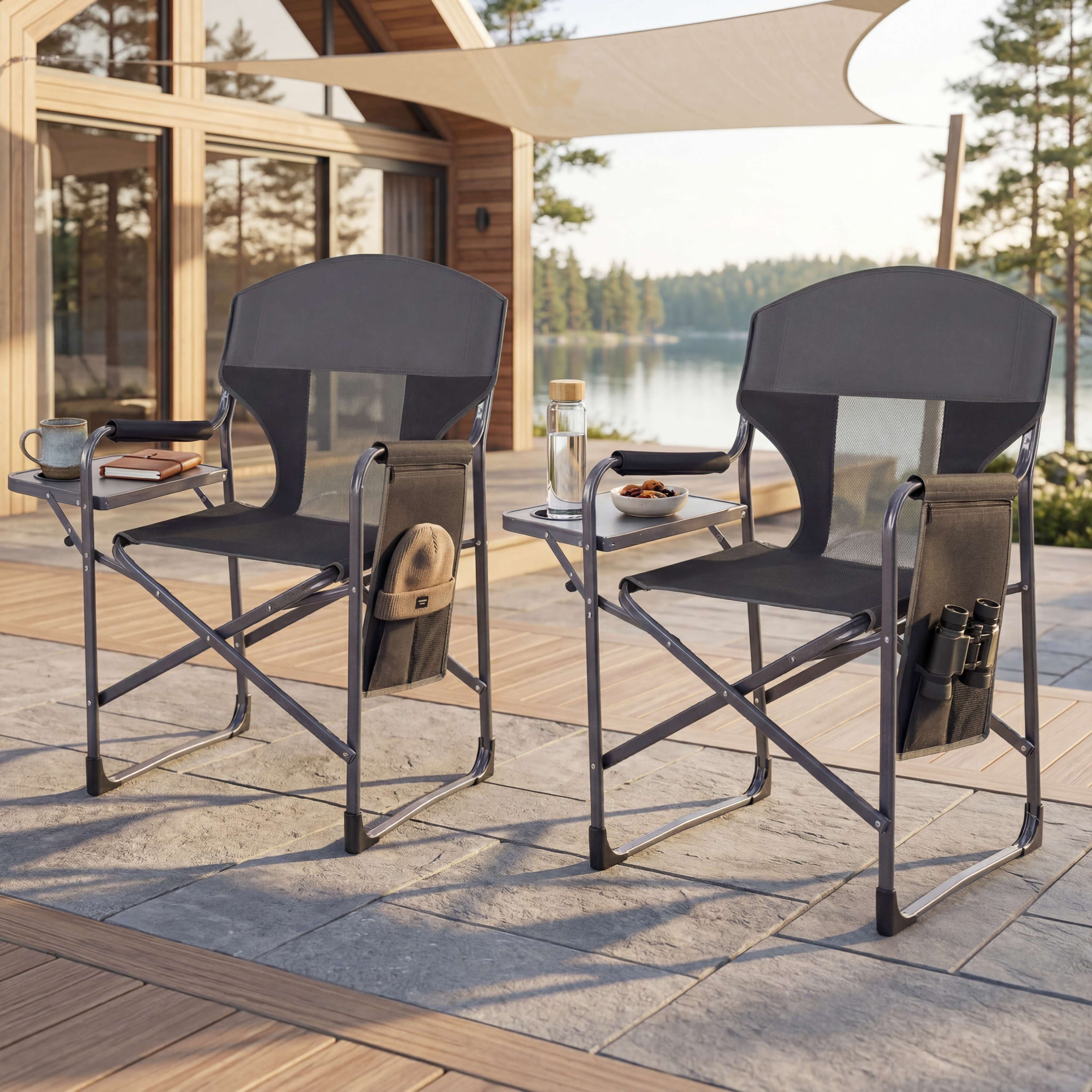 ELLEGNT 2 PCS Heavy Duty Folding Director's Chair-400 lbs Capacity, Padded, Side Table, Cup Holder, Storage Pocket, Black + Gray