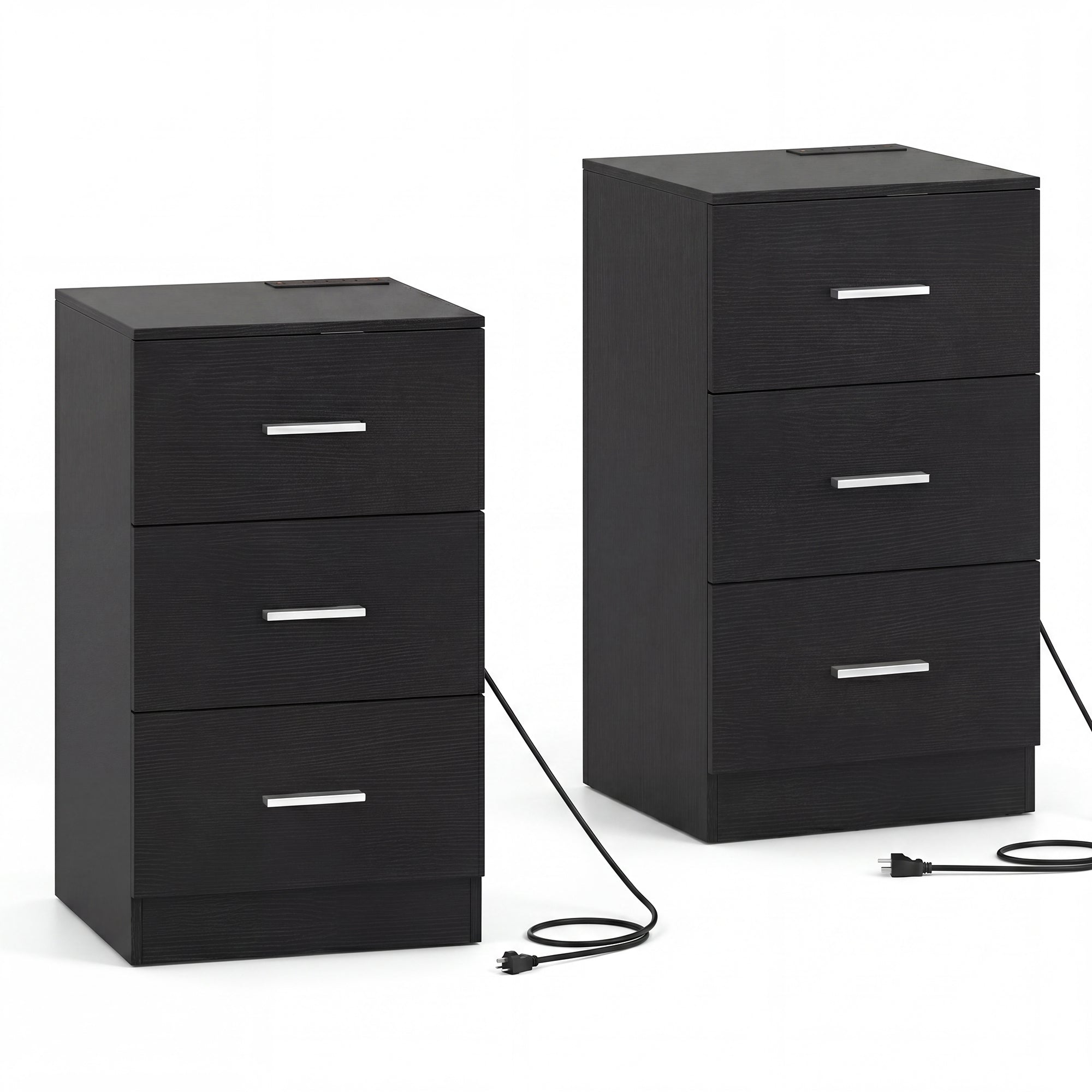 ELLEGNT 2 PCS Bedroom Nightstand with Charging Ports-3 Drawer Storage Side Table for Living Room or Guest Room, Black