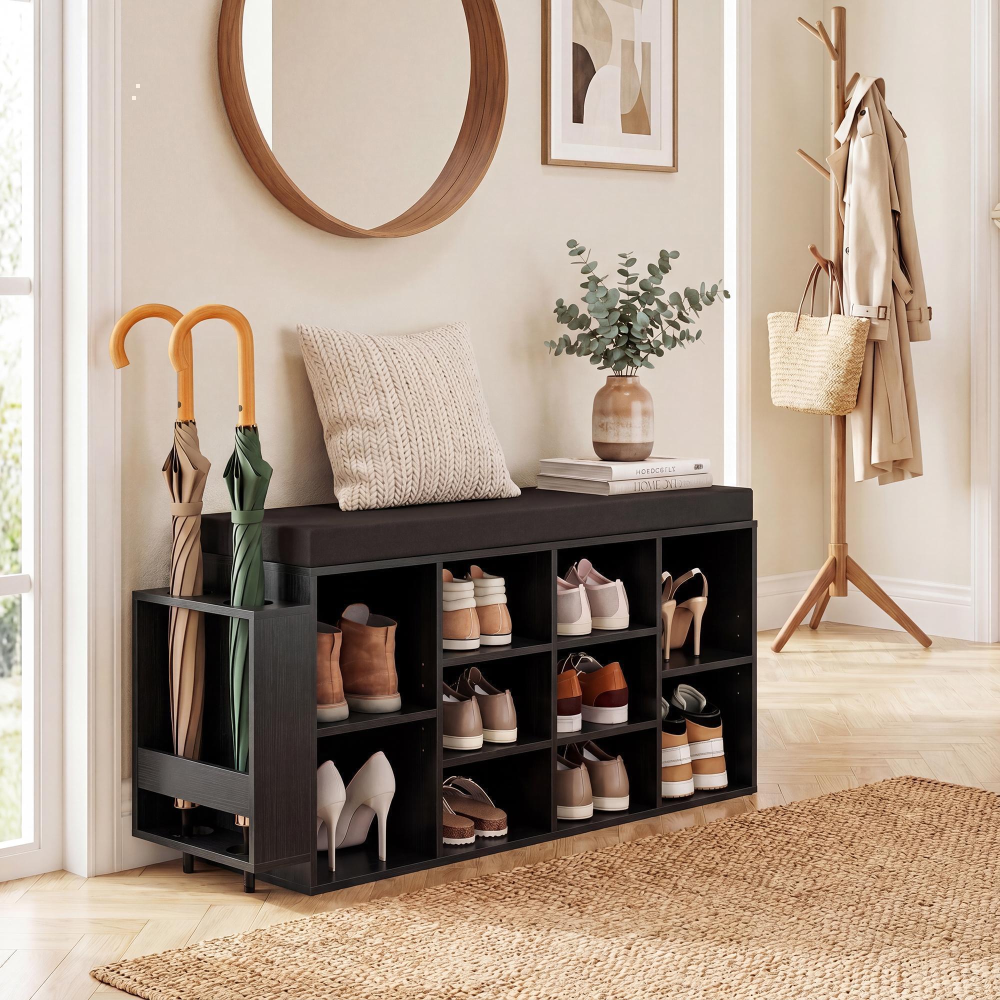 ELLEGNT Shoe Bench with Umbrella Stand-Padded Seat, Adjustable Shelves for Entryway Storage, Black