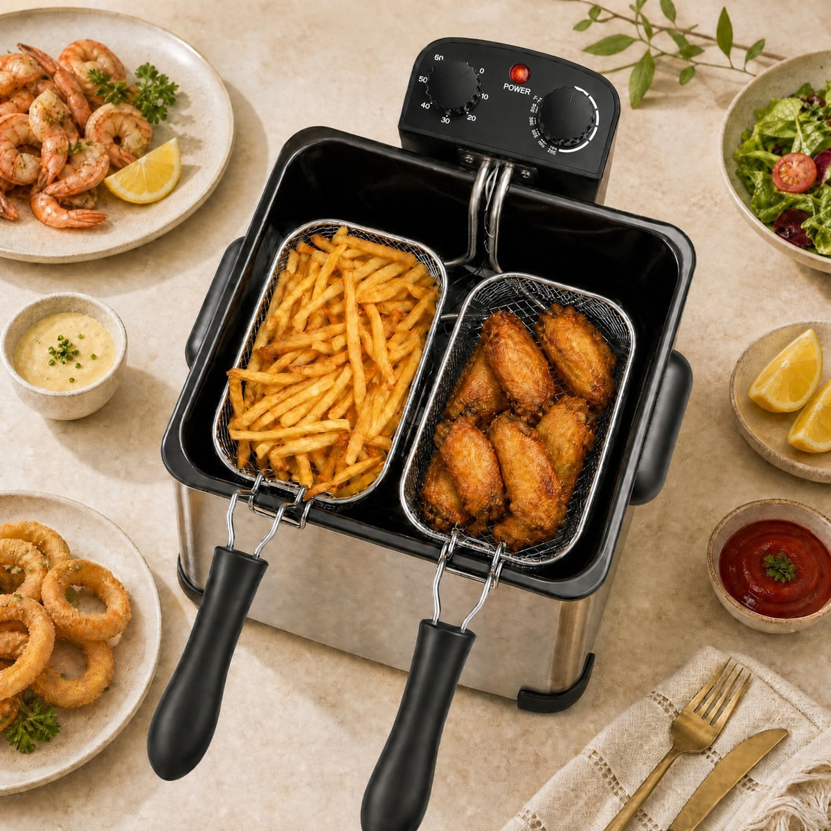 ELLEGNT Black 1700W Stainless Steel Electric Deep Fryer 5.3QT 21-Cup 3 Baskets Timer Window