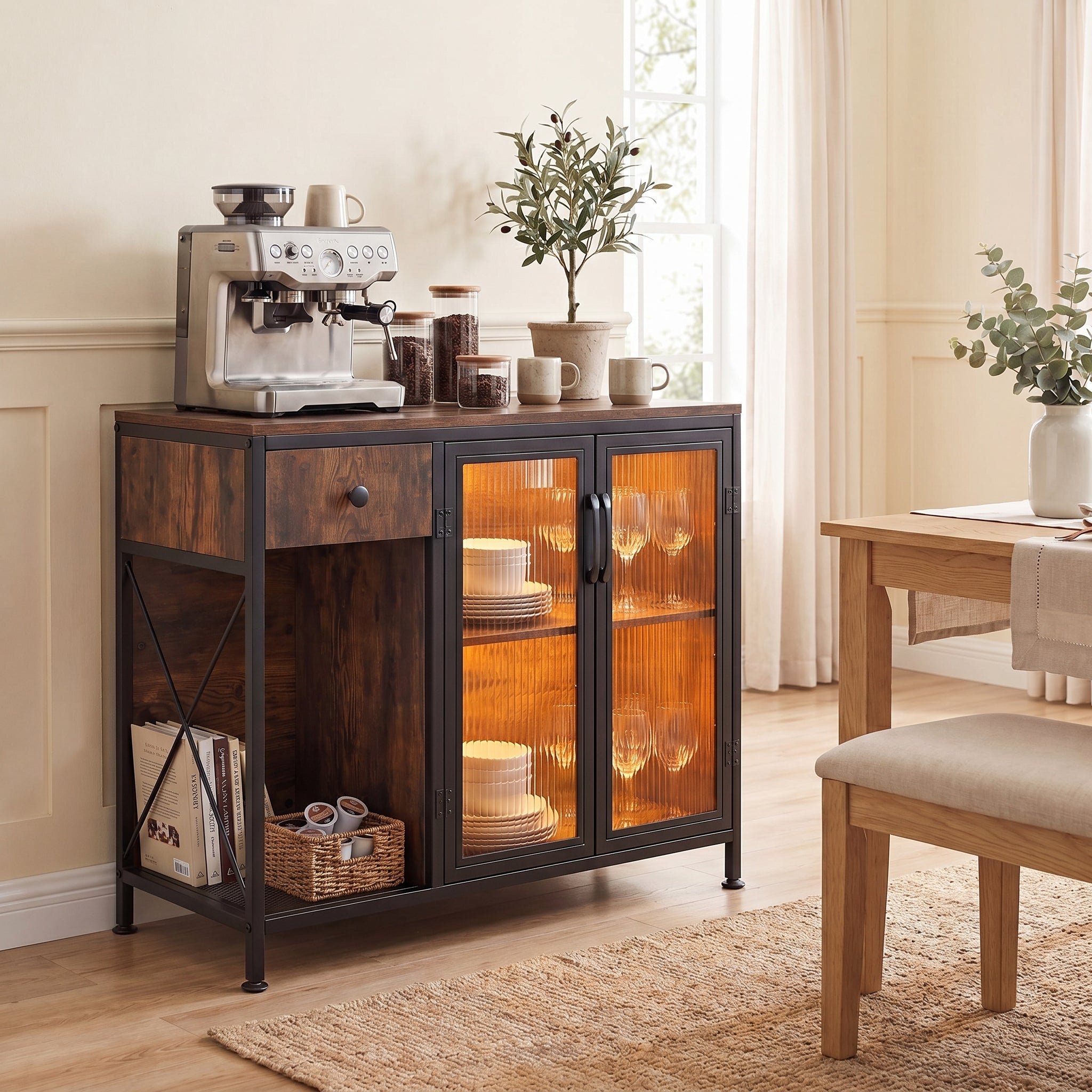 ELLEGNT Adjustable RGB LED Light Cabinet-34 in Buffet Sideboard for Kitchen , Rustic Brown and Black