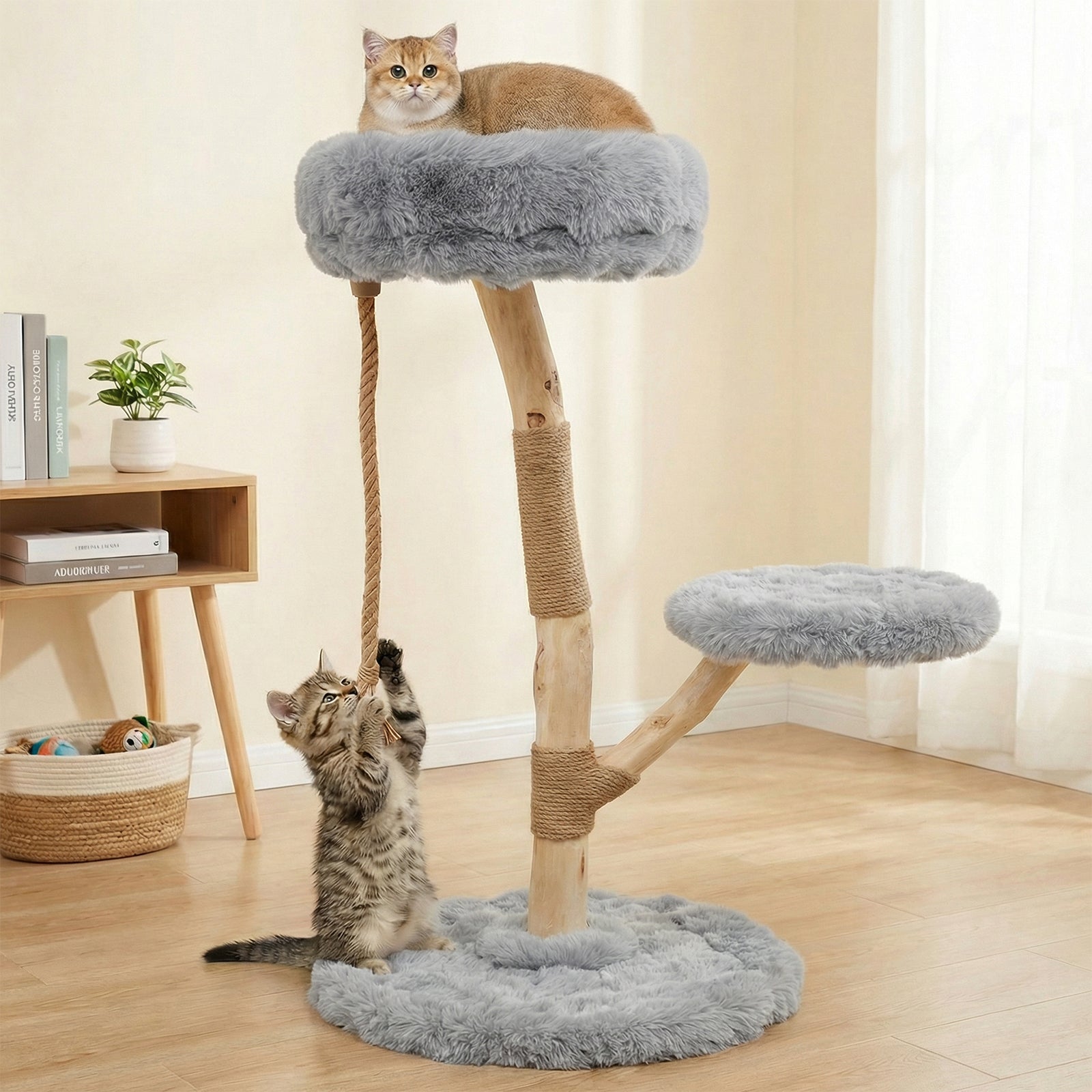 ELLEGNT Modern Solid Wood Cat Scratching Tree-Cat Tower with Luxurious Perch and Teasing Rope Gray