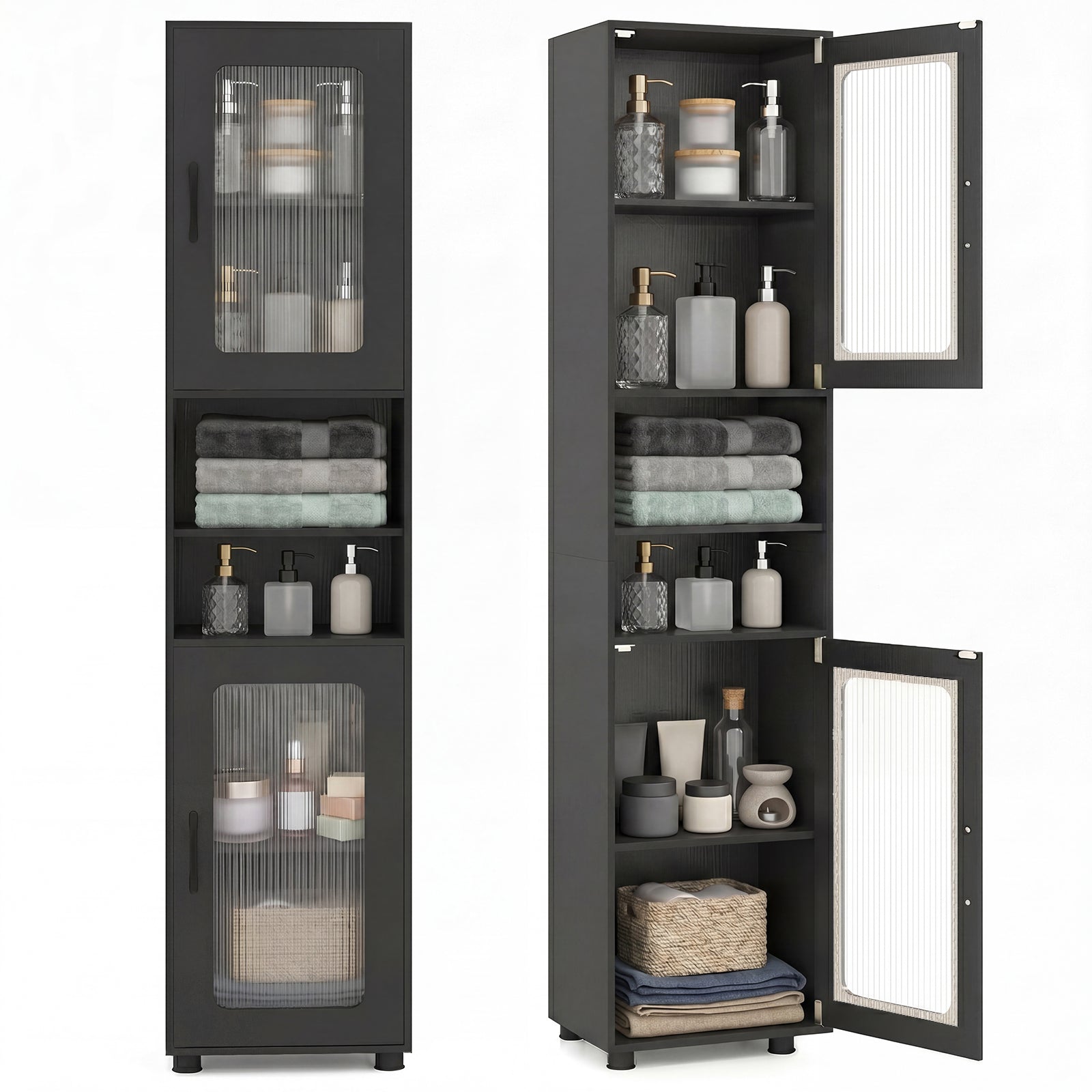 ELLEGNT 2 PCS Bathroom Cabinet-Floor Storage, 2 Fluted Doors, 4 Rubber Feet, Black
