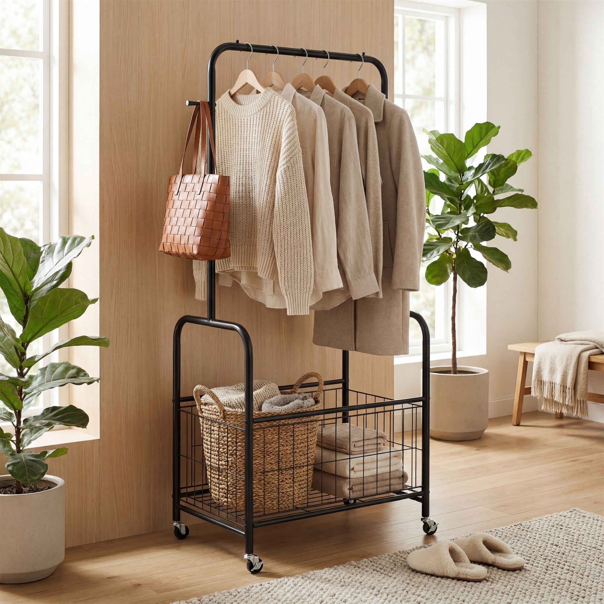 ELLEGNT Heavy-Duty Rolling Laundry Cart with Hanging Rod, Side Hooks and Storage Basket-Lockable Wheels, Black