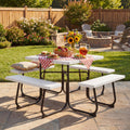 ELLEGNT Square Picnic Table for 8-Outdoor Bench Set with 4 Benches and Umbrella Hole, White
