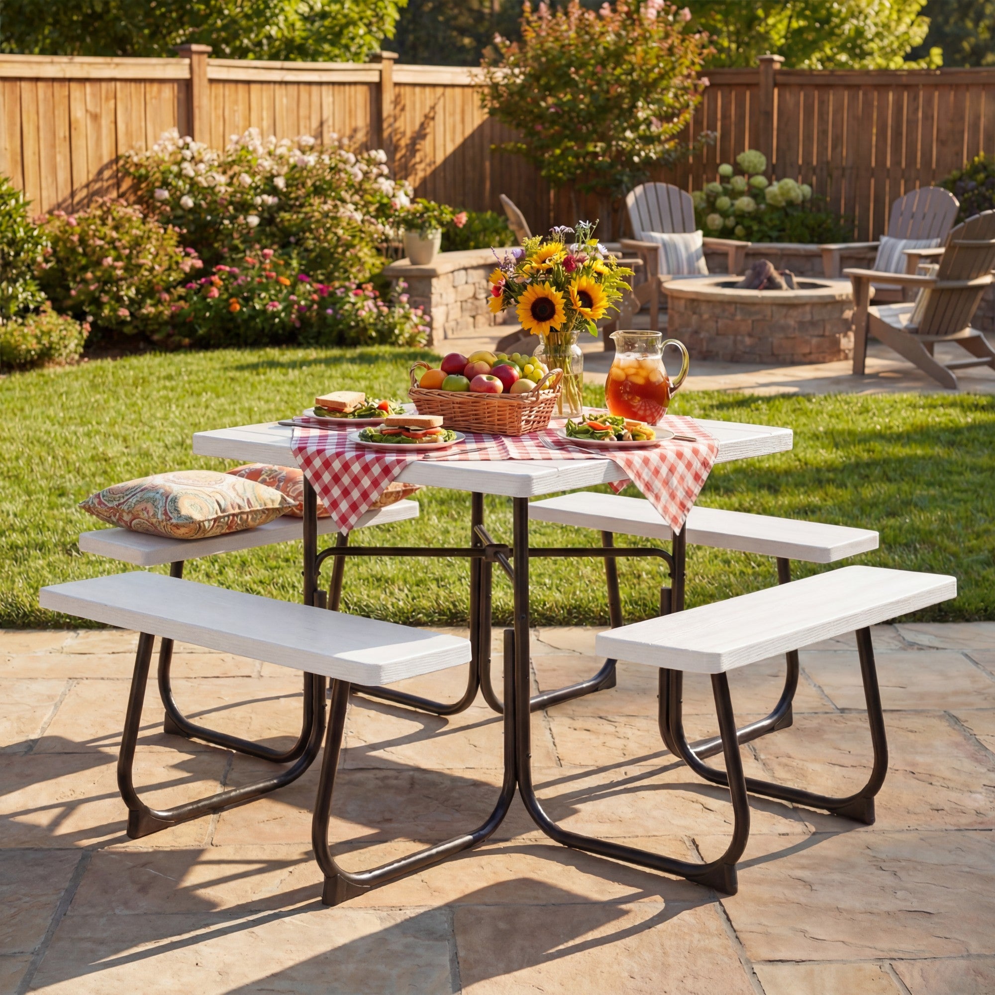 ELLEGNT Square Picnic Table for 8-Outdoor Bench Set with 4 Benches and Umbrella Hole, White