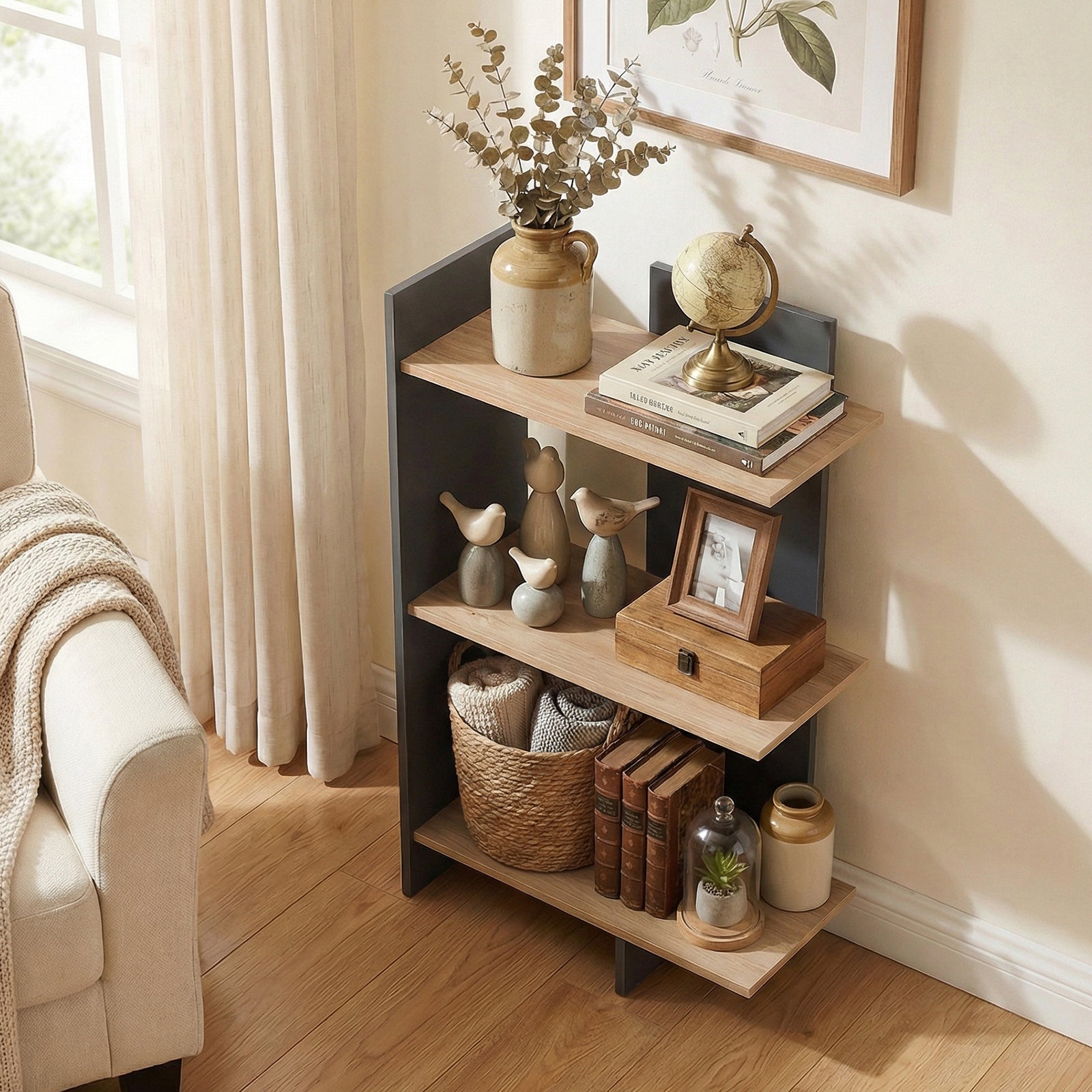 ELLEGNT 1 PCS Freestanding Bookshelf-3-Tier Open Storage Shelf with Wall Anti-Tip Device Oak+Gray