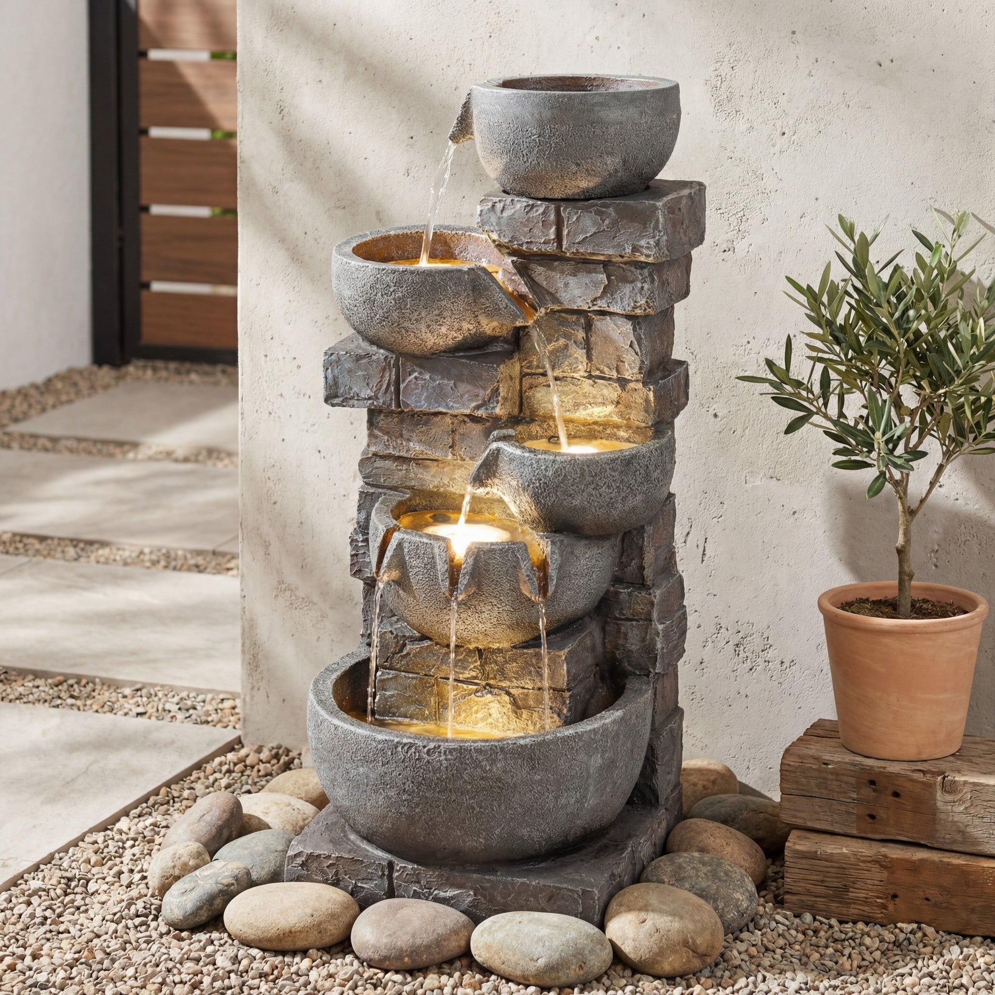 ELLEGNT 33 in 5-Tier Cascading Water Fountain with Color-Changing LED Lights-Outdoor Fountain for Patio, Backyard, Porch, Deck, or Garden