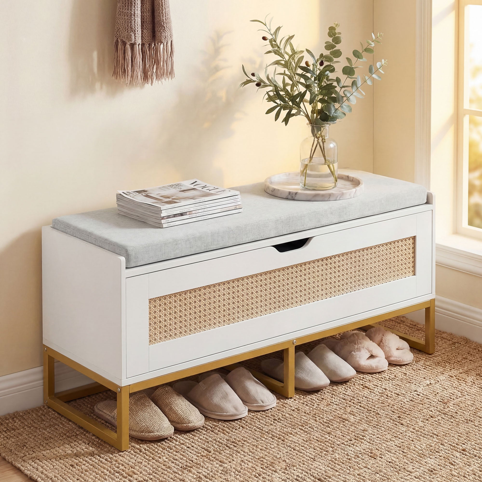 ELLEGNT 39.5 in Rattan Flip-Top Storage Chest with Padded Seat- Safety Hinges for Bedroom, Living Room, or Entryway, Gold + White