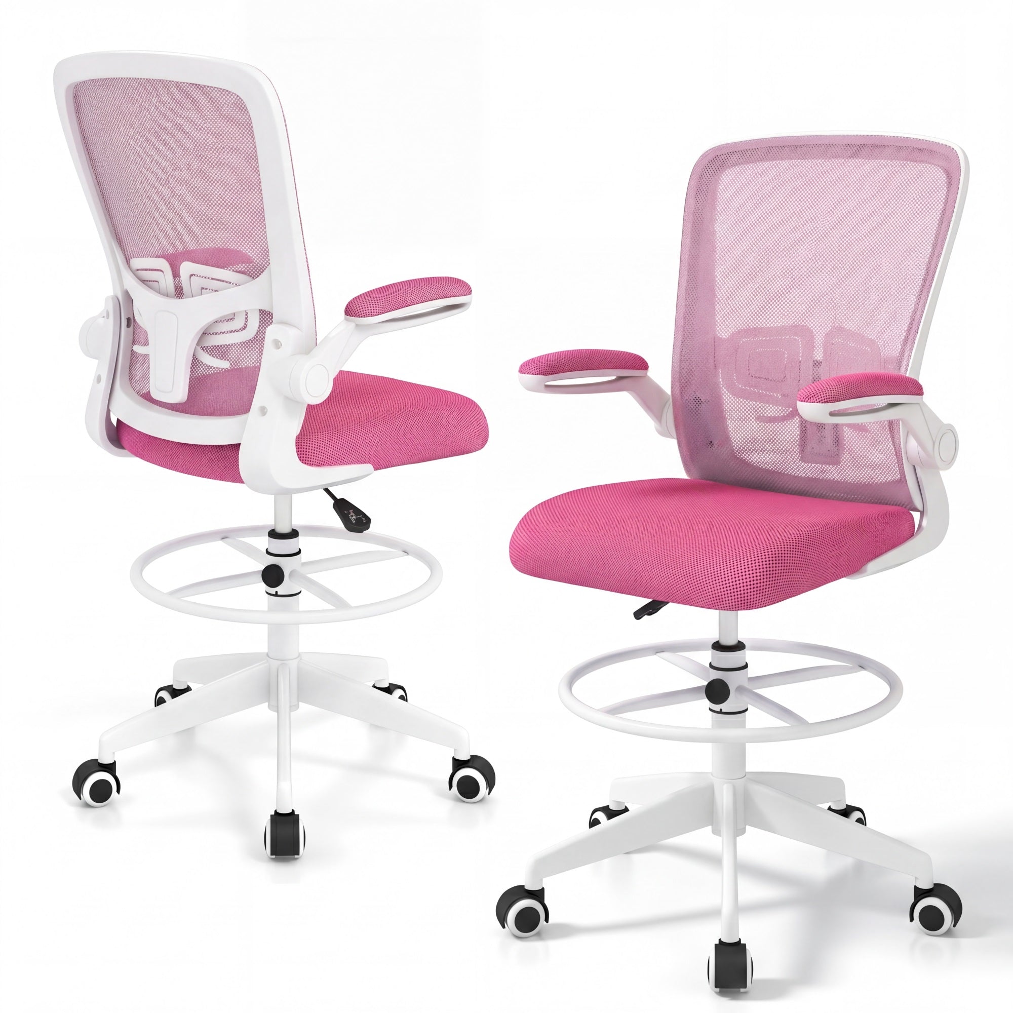 ELLEGNT 2 PCS Home Office Drafting Chair with Adjustable Footrest and Flip-Up Armrests , Ergonomic Stool for Study or Desk Work Pink