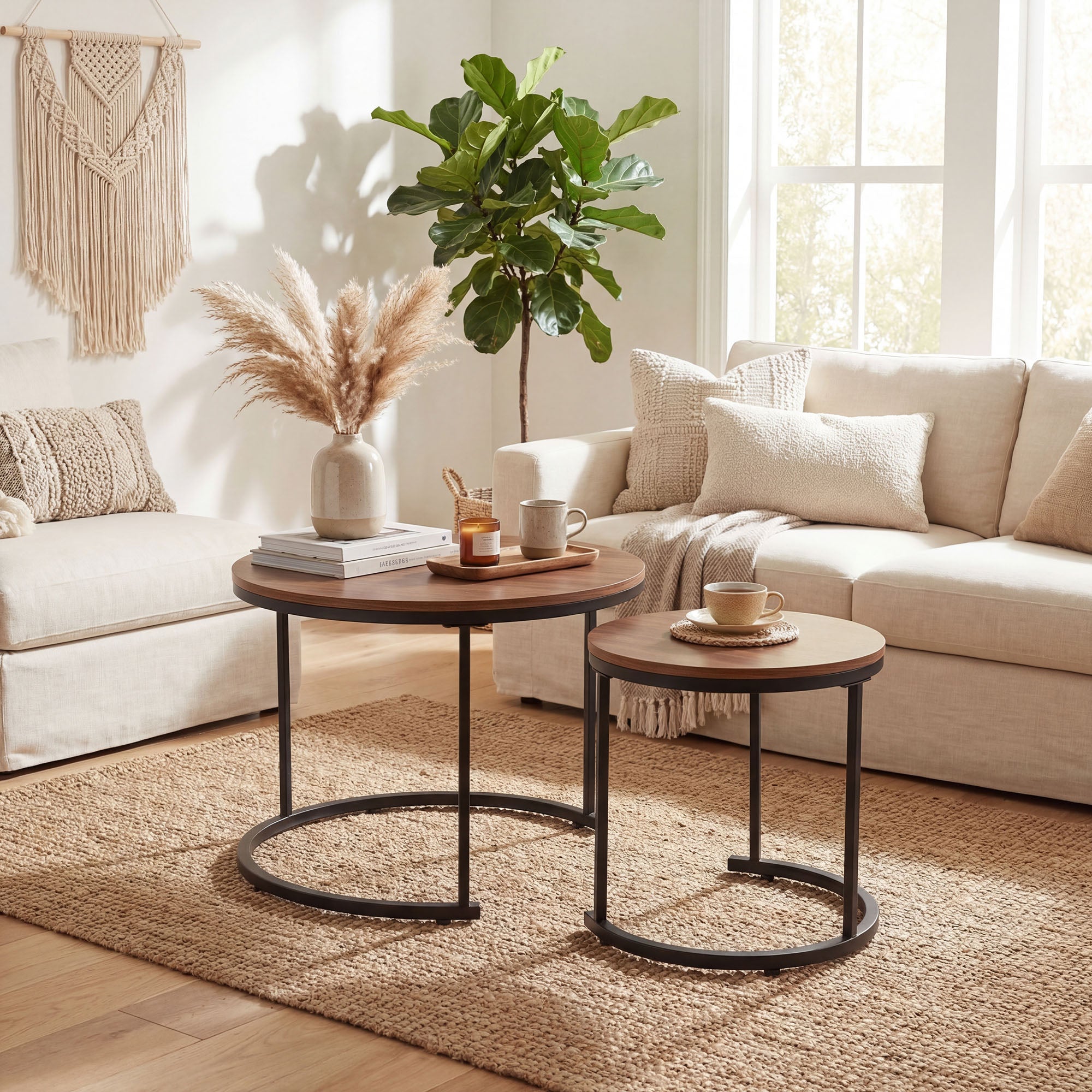 ELLEGNT Nesting Coffee Table Set of 2-Modern Round Side Tables for Living Room or Balcony Brown