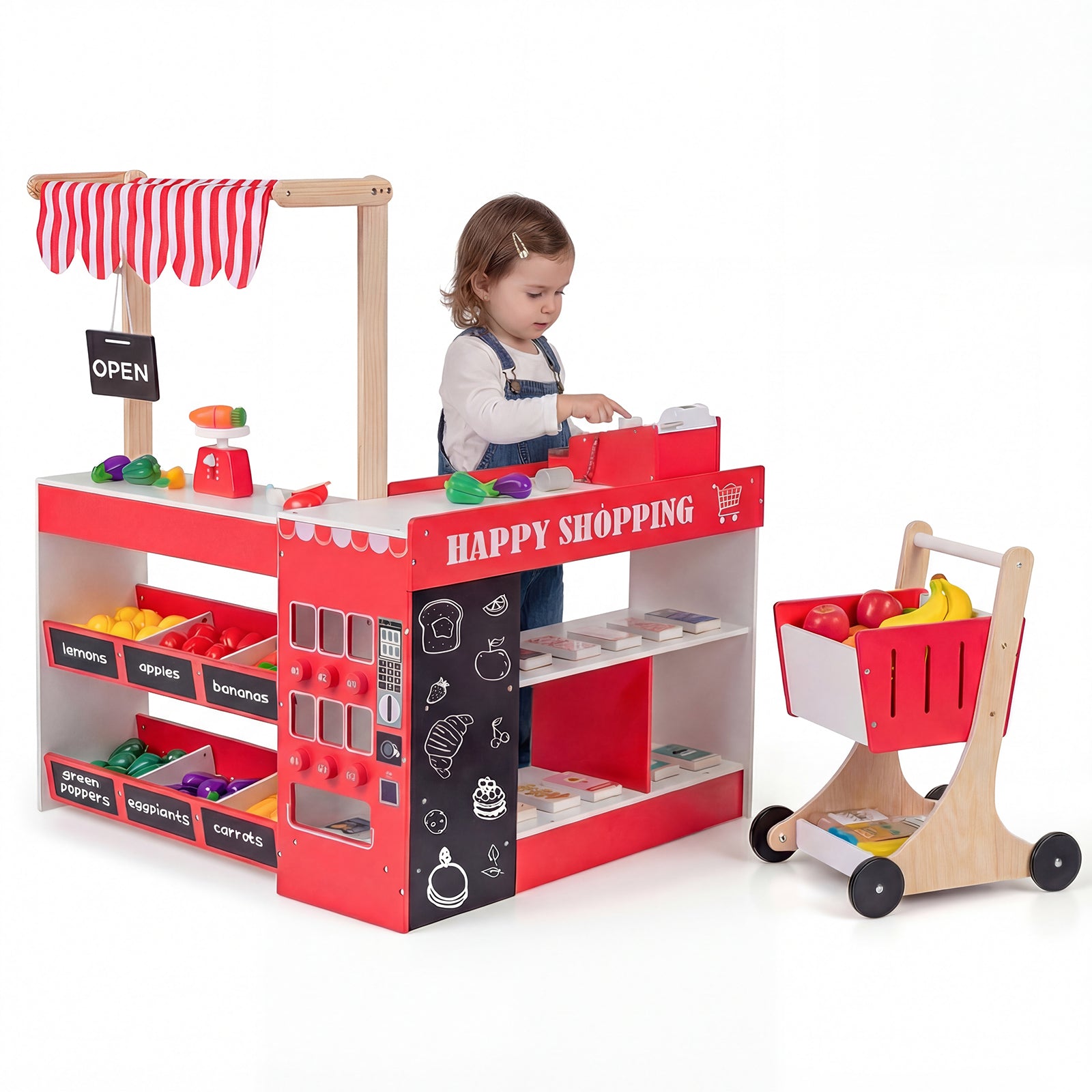ELLEGNT Kids Wooden Grocery Store Playset-Pretend Play Supermarket with Shopping Cart, Red + White