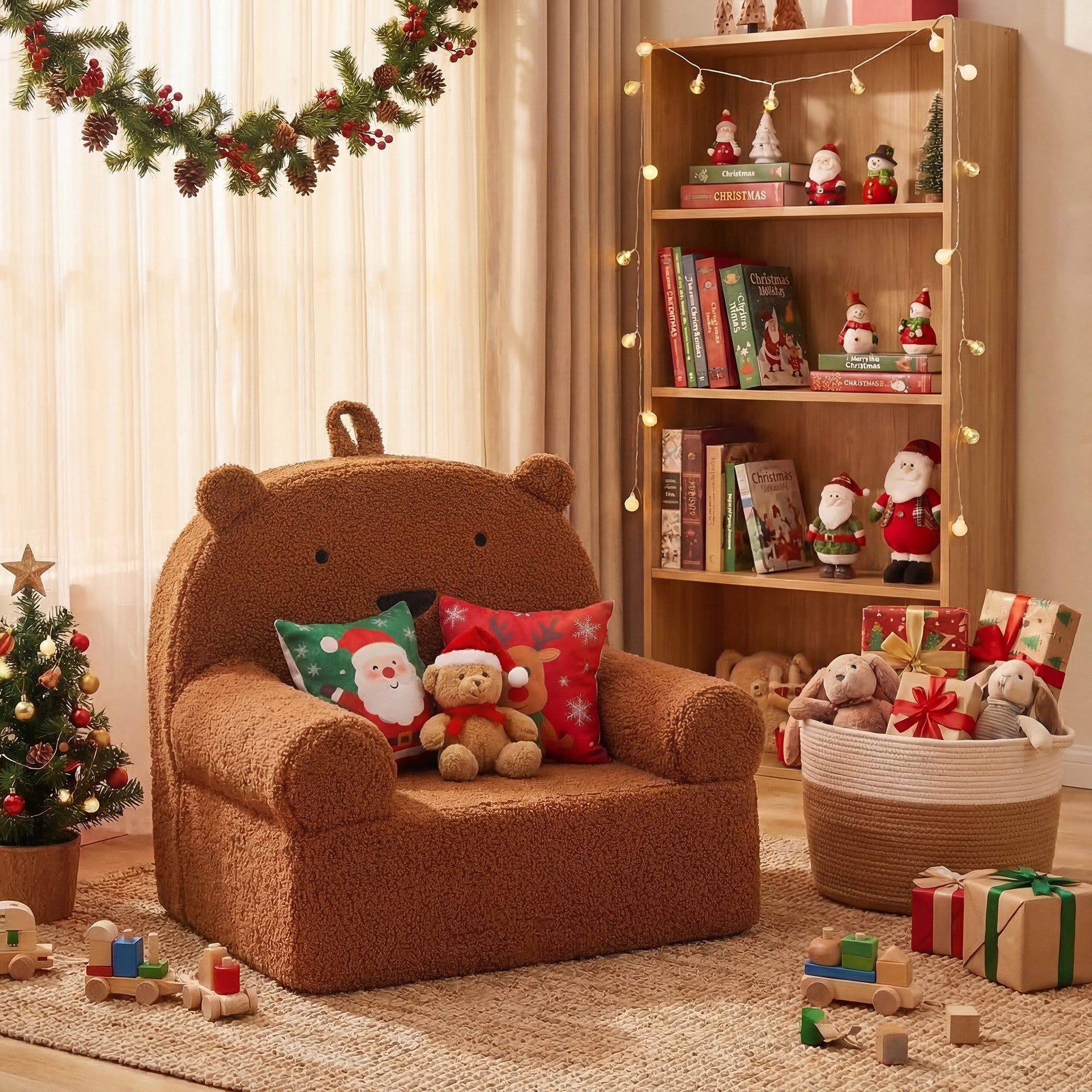 ELLEGNT Kids Bear Foam Sofa-Toddler Couch with Soft Fleece Cover for Playroom Brown
