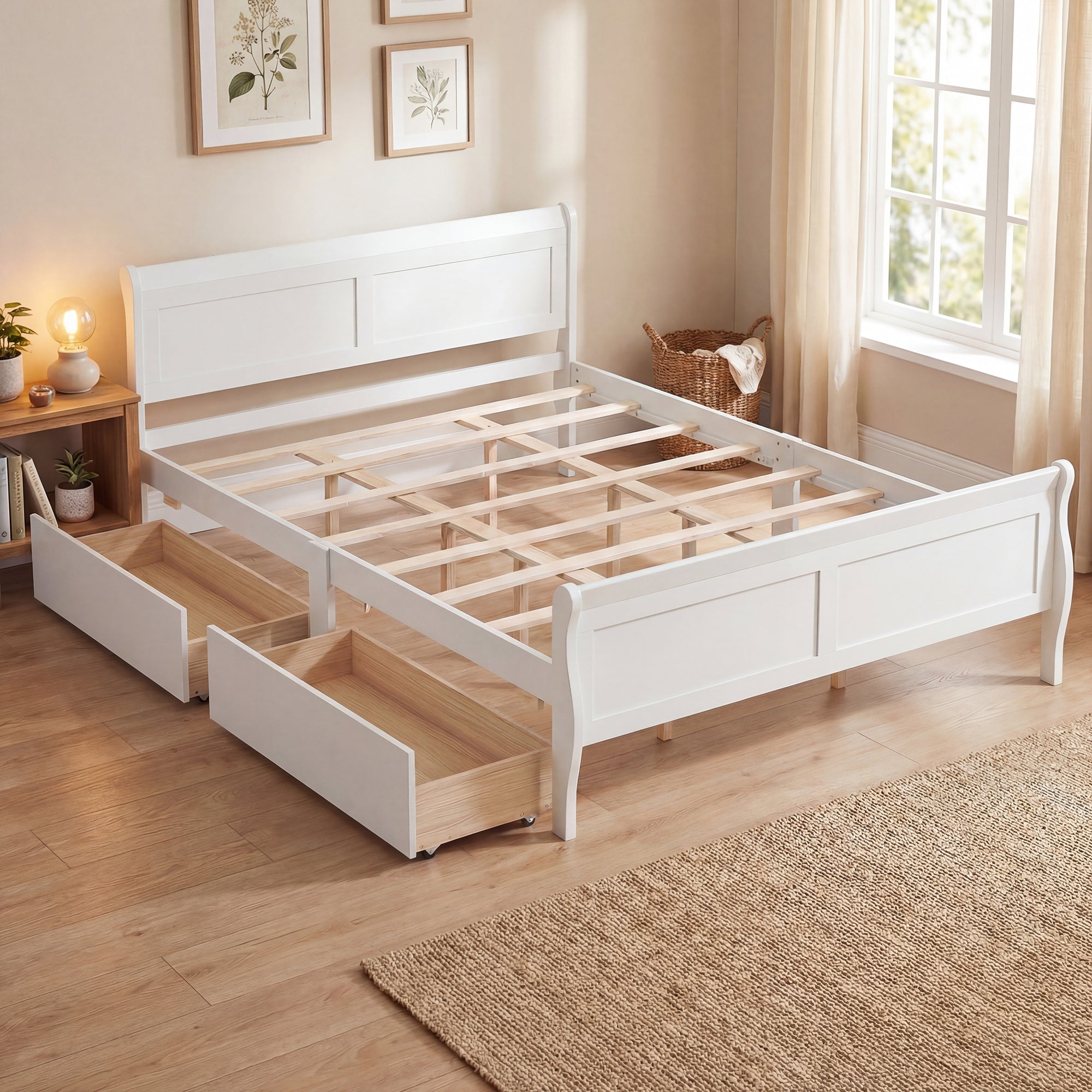 ELLEGNT Wooden Storage Bed-Queen Size Platform Bed Frame with Headboard, Footboard and Drawers White
