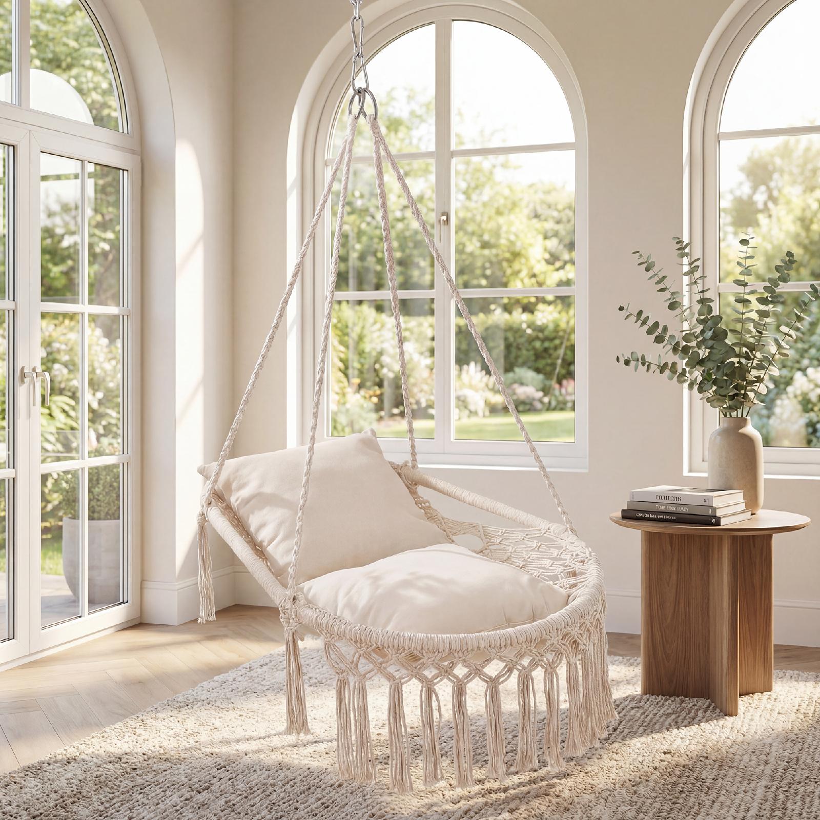 ELLEGNT Macrame Hanging Swing Chair-Includes 2 Removable Cushions, Strong Polyester?Cotton Rope Construction, Beige