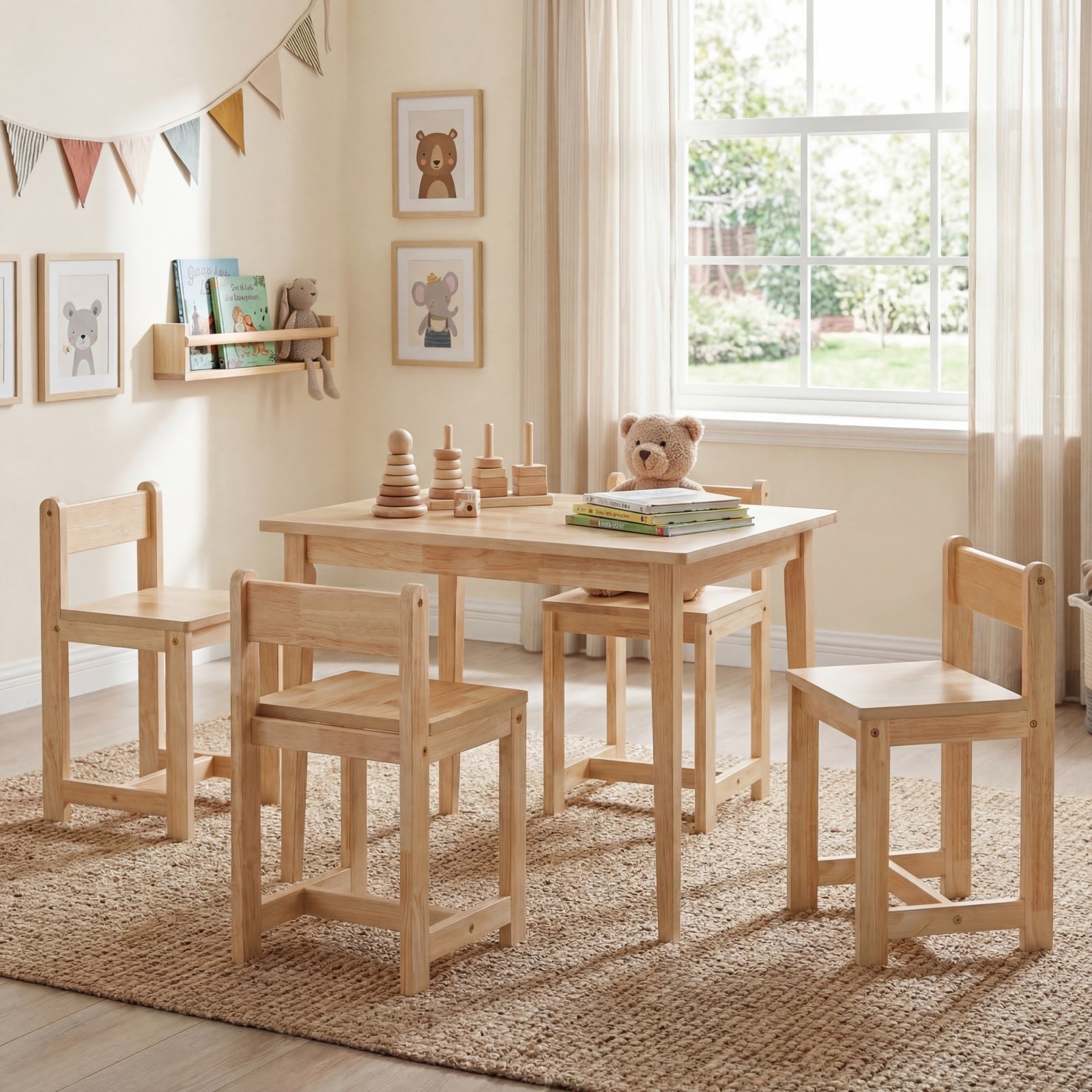 ELLEGNT Solid Wood Kids Table and Chairs Set-5-Piece Toddler Activity Table with 4 Chairs Natural
