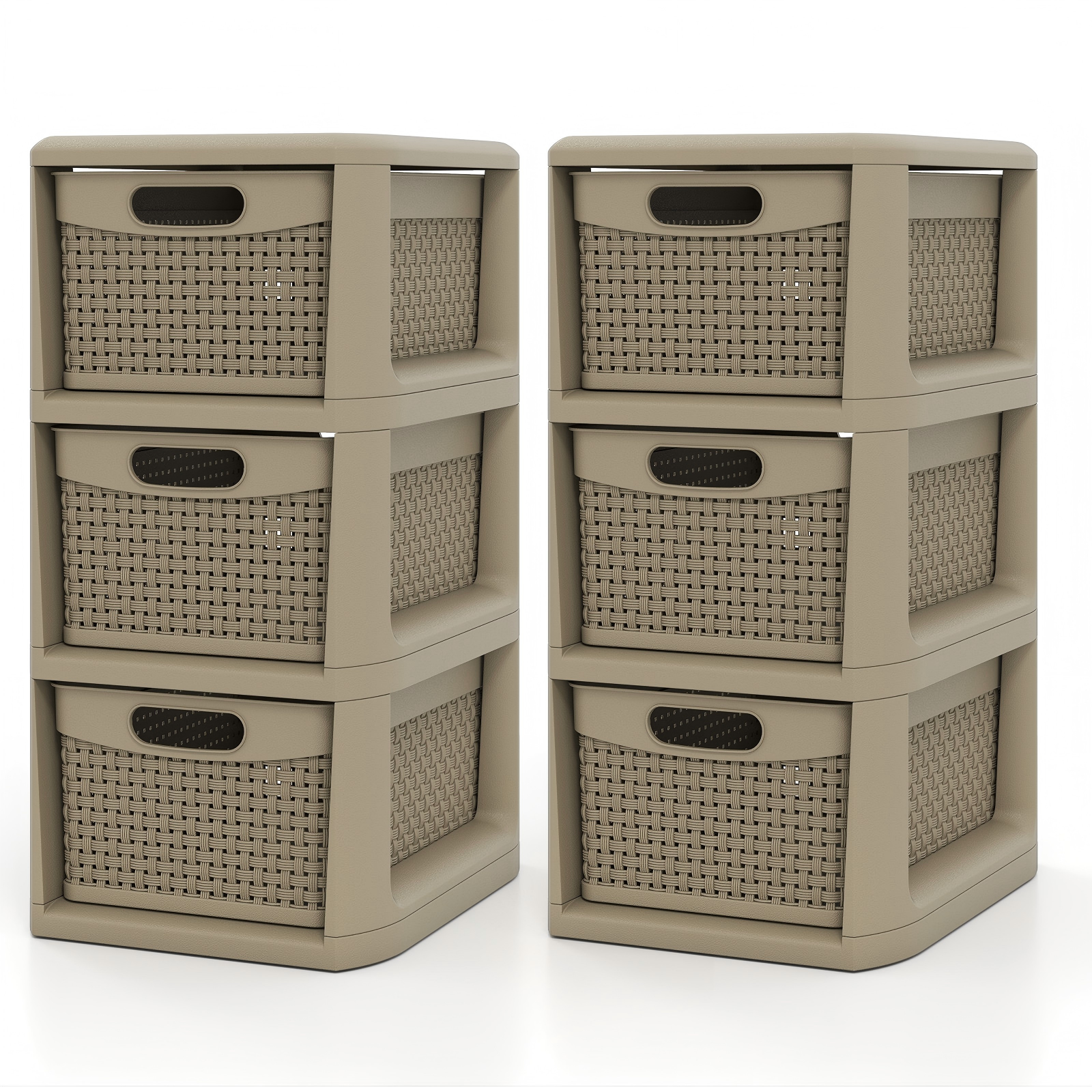 ELLEGNT 2 PCS 3?Drawer Storage Unit for Bedroom and Bathroom-with Wicker Texture and Handles, Tan