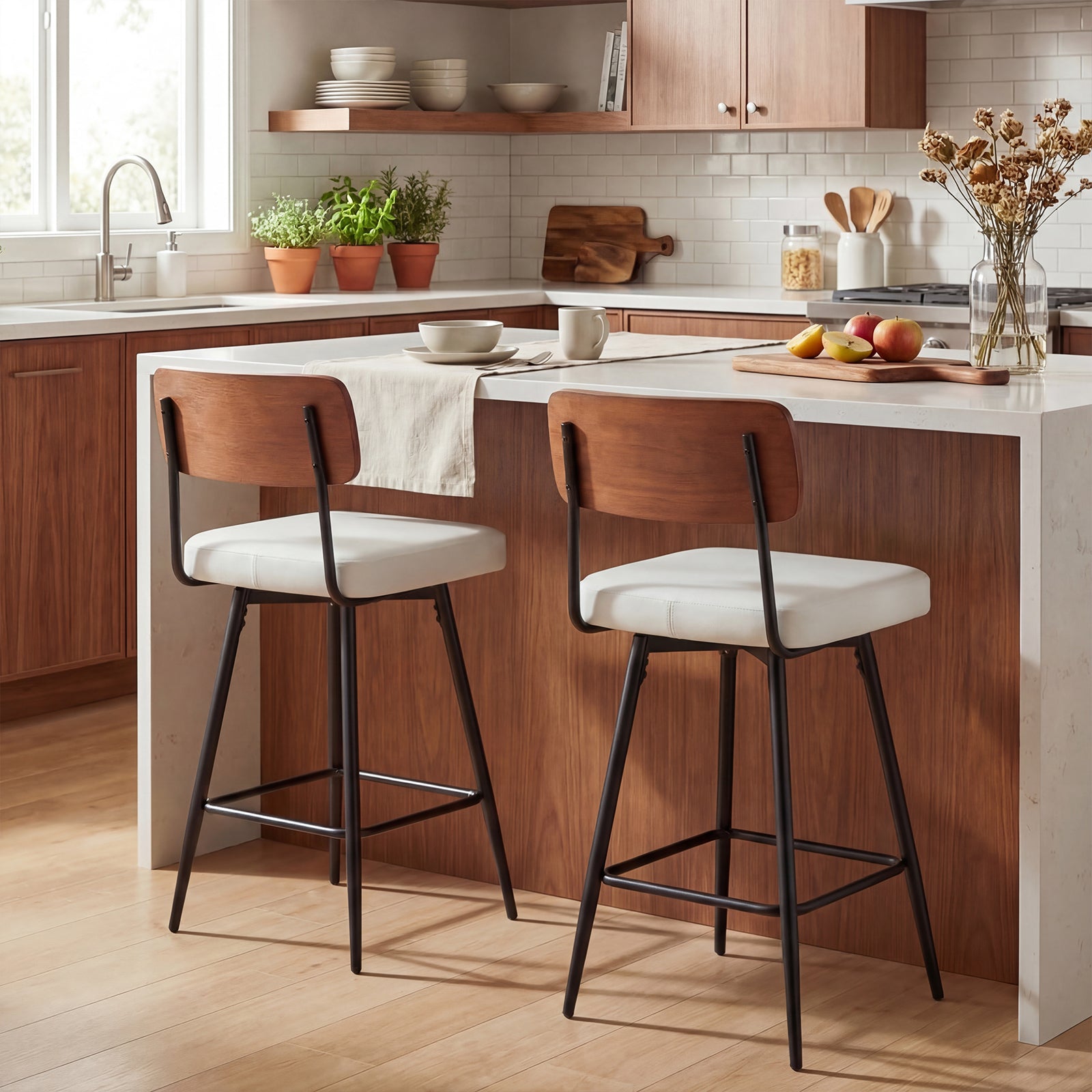 ELLEGNT 2 PCS 27 in Padded Counter Barstools Set  with Wooden Backrest and Metal Legs White