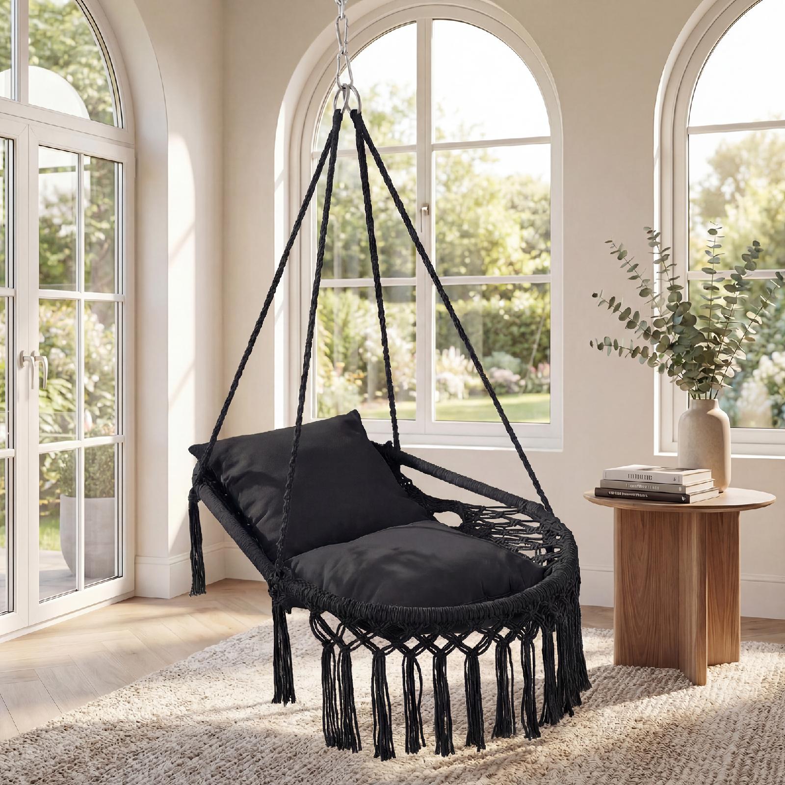 ELLEGNT Macrame Hanging Swing Chair-Includes 2 Removable Cushions, Strong Polyester?Cotton Rope Construction, Black
