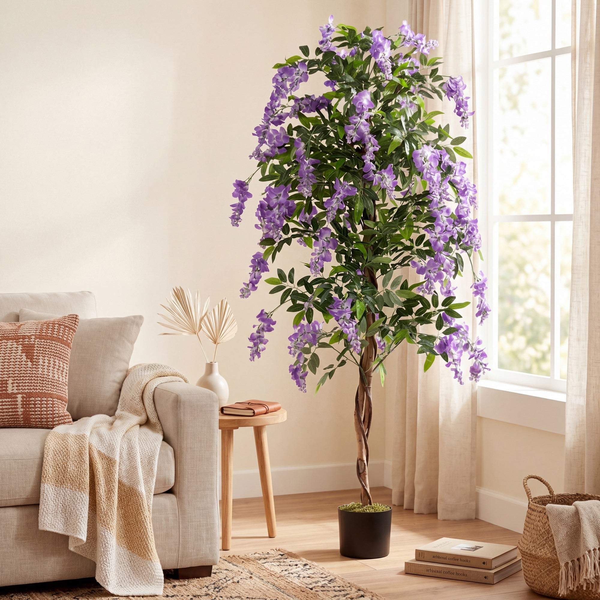 ELLEGNT 1 PCS Lifelike Wisteria Tree-6 FT Artificial with Natural Trunk for Porch, Garden or Entryway, Purple