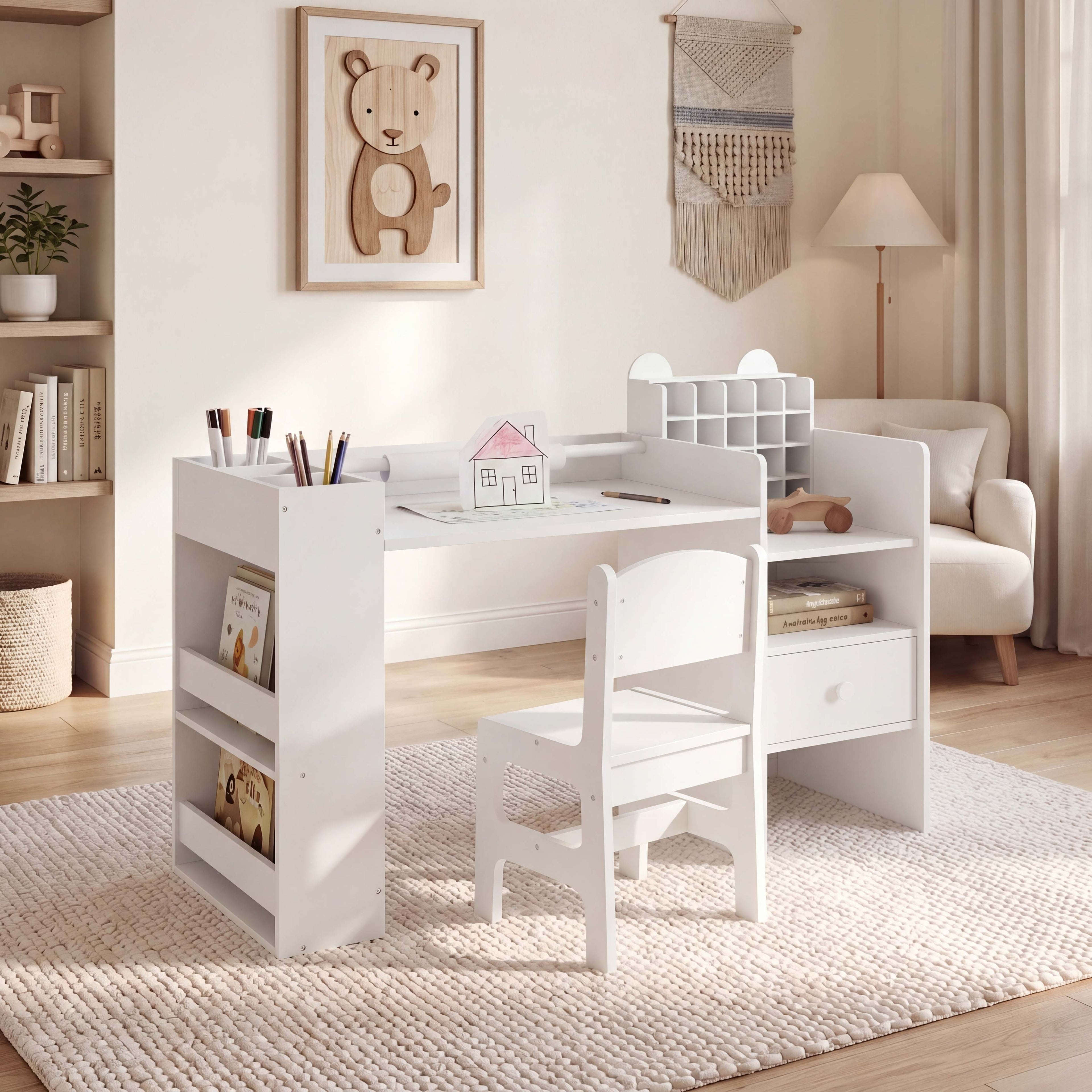 ELLEGNT Kids Art Table and Chair Set-Cubby Cabinet, Drawer, Detachable Paper Roll Holder, White