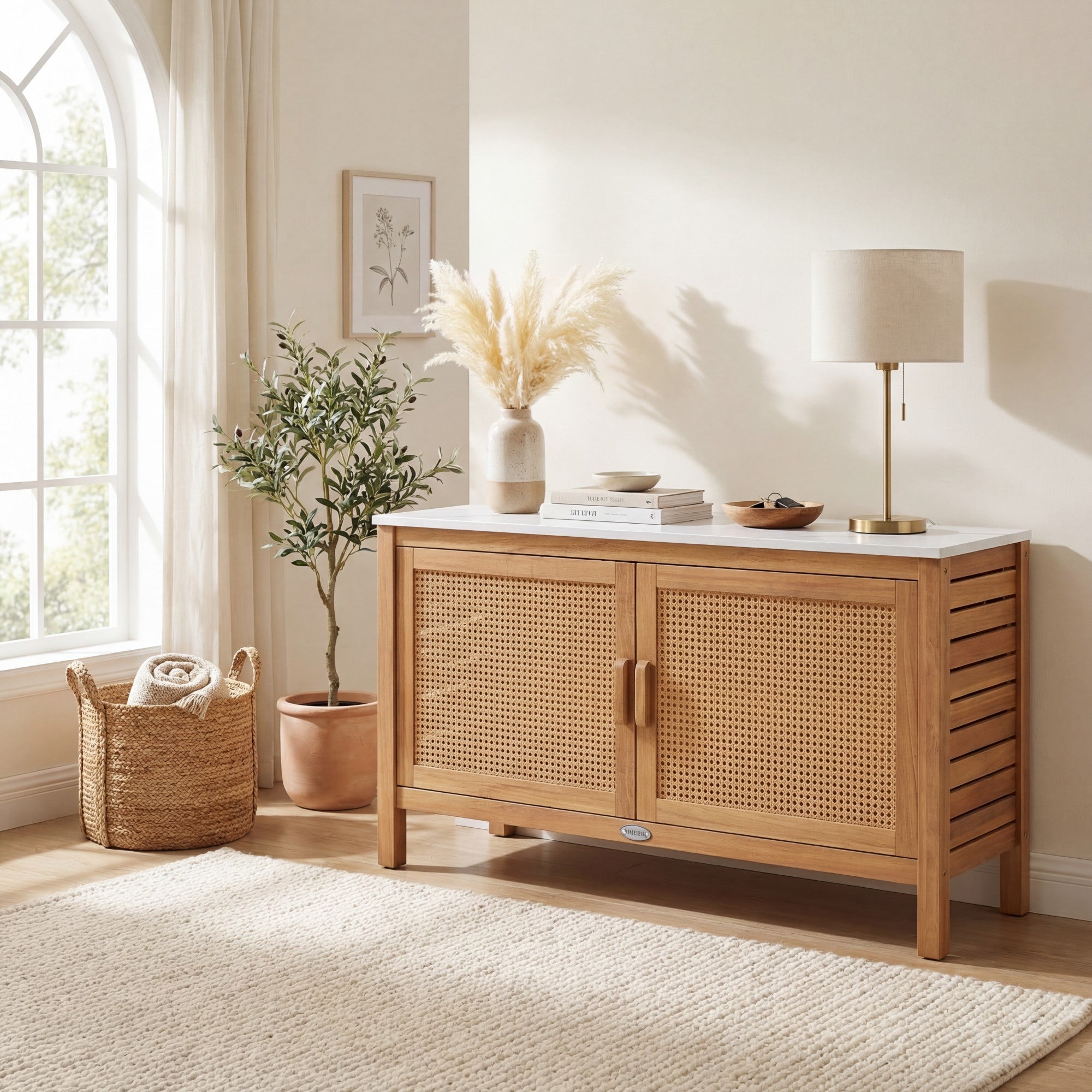 ELLEGNT Acacia Wood Storage Cabinet-Tool Cabinet with Faux Marble Top and Rattan Doors, for Patio, Backyard