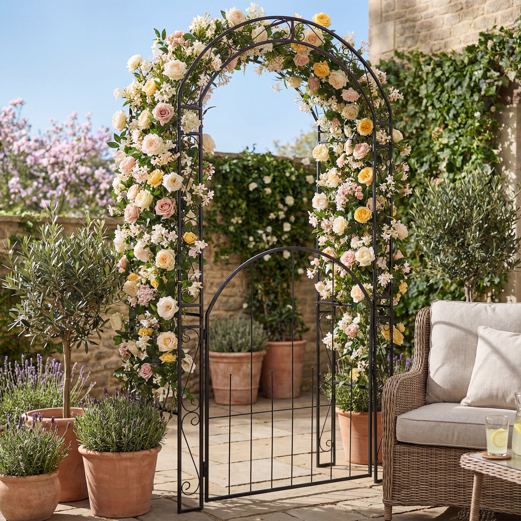 ELLEGNT 84 in Garden Arch with Gate and Trellises-Metal Arbor for Climbing Plants, Patio, Yard