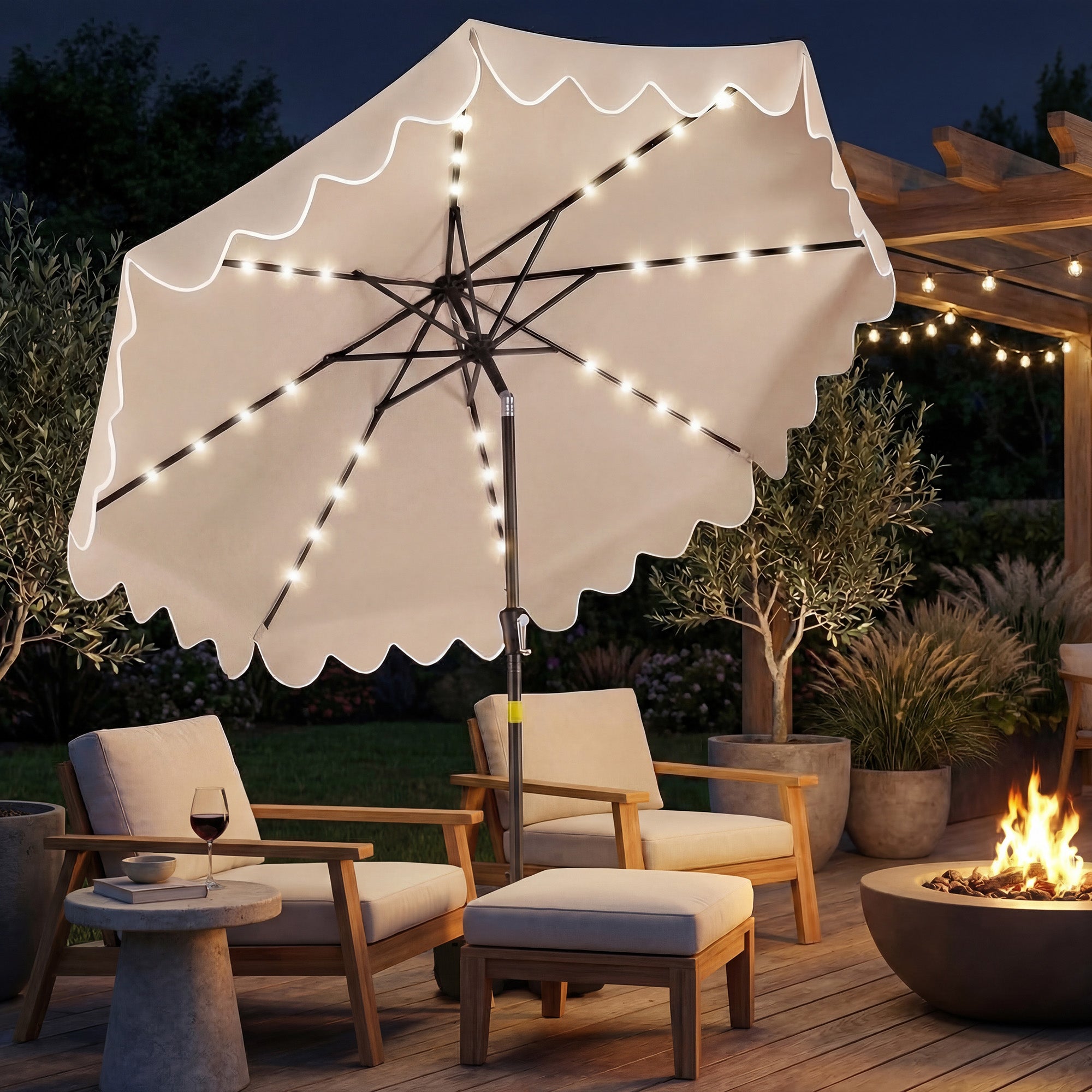 ELLEGNT 9 FT Solar LED Patio Umbrella with Weighted Base and Sandbags-Outdoor Umbrella for Garden or Deck Brown