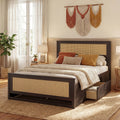 ELLEGNT Full Size Bed Frame with Rattan Headboard and 2 Drawers Rustic Brown