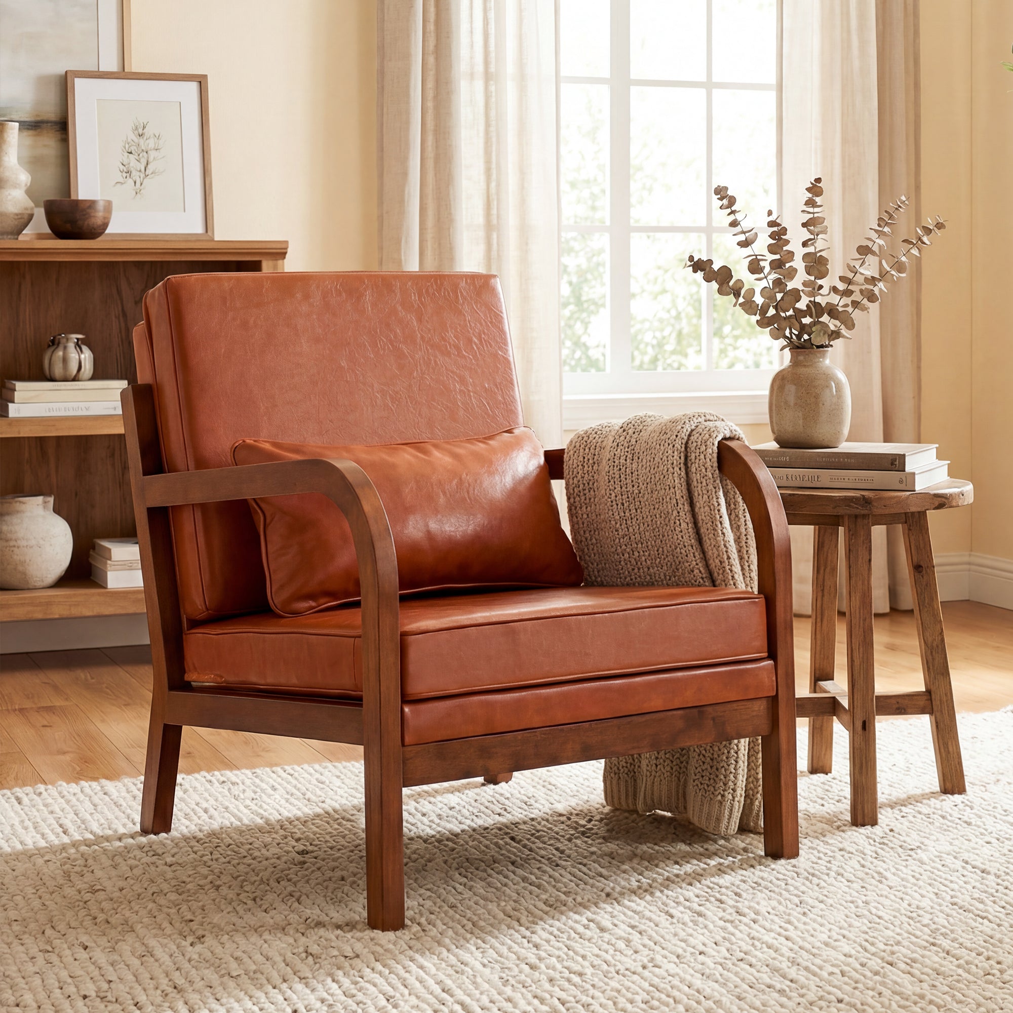 ELLEGNT 1 PCS Faux Leather Accent Armchair with Lumbar Pillow-Upholstered Chair with Removable Back Brown