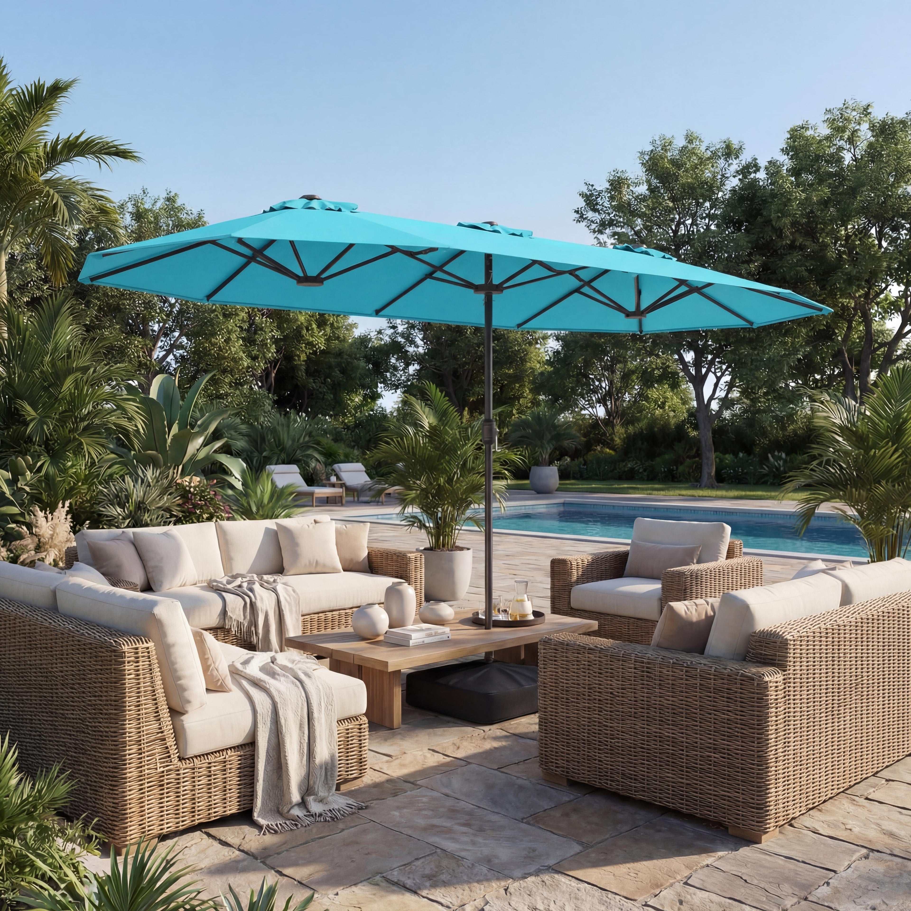 ELLEGNT 13FT Double-Sided Patio Umbrella- with Crank Handle, Safety Lock and Base Turquoise