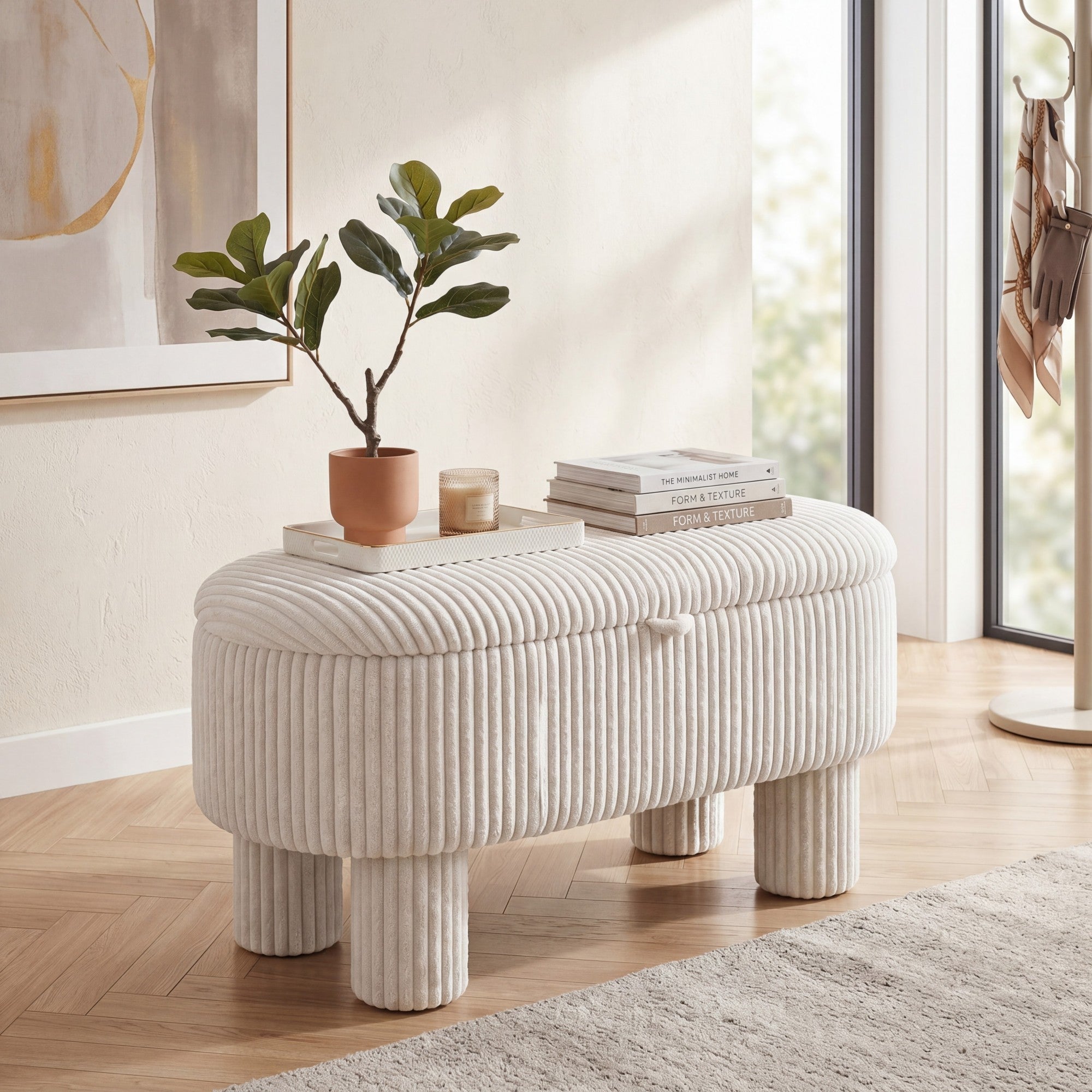 ELLEGNT Storage Ottoman Bench for Living Room-42 in with Hidden Storage Compartment and Legs, Beige