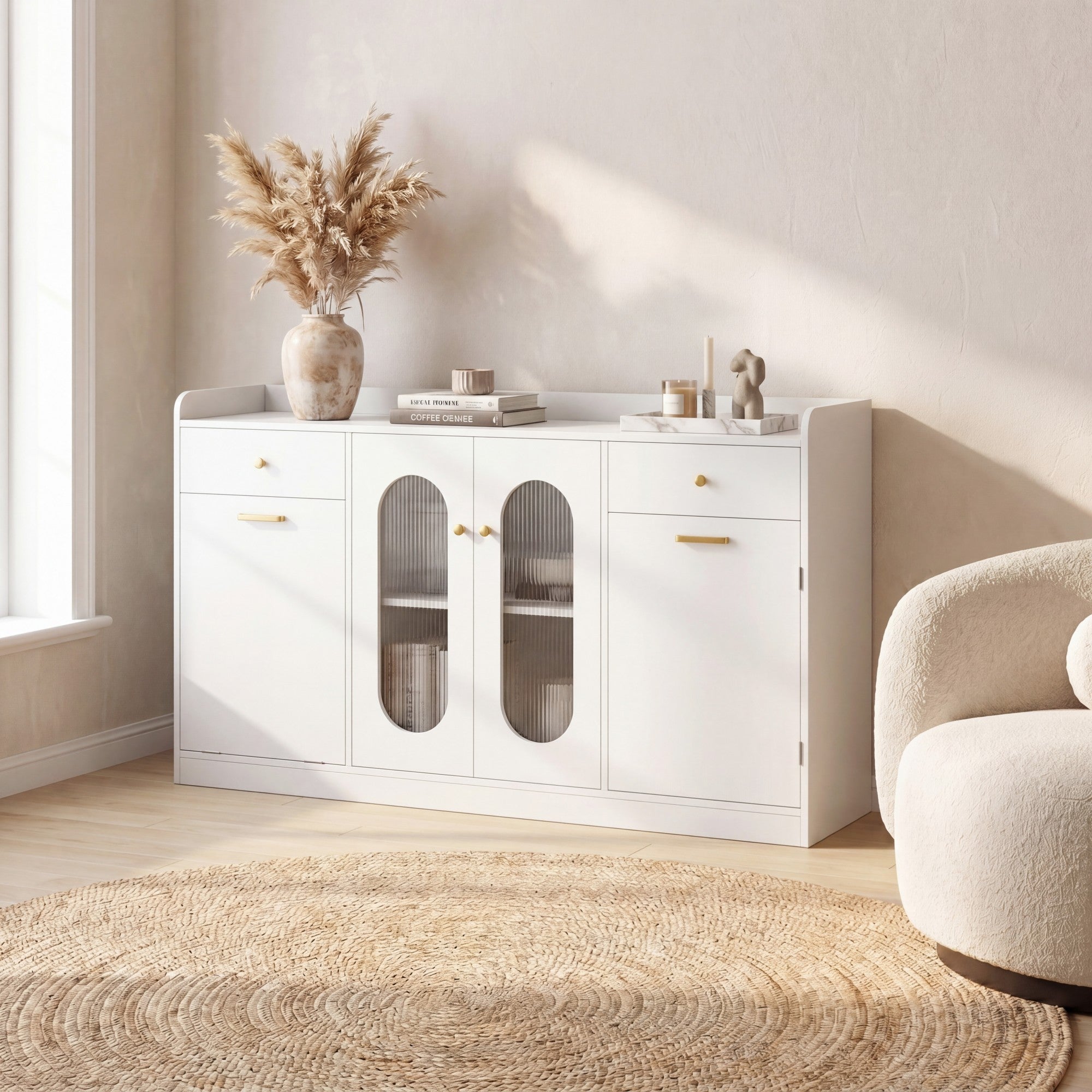 ELLEGNT Kitchen Buffet Cabinet-55 in Large Sideboard with 2 Glass Doors, 2 Drawers and 2 Door Shelves, White