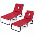 ELLEGNT 2 PCS Beach Lounger with 4?Position Reclining Backrest, Removable Pillows and Face Hole-Folding Design, Red