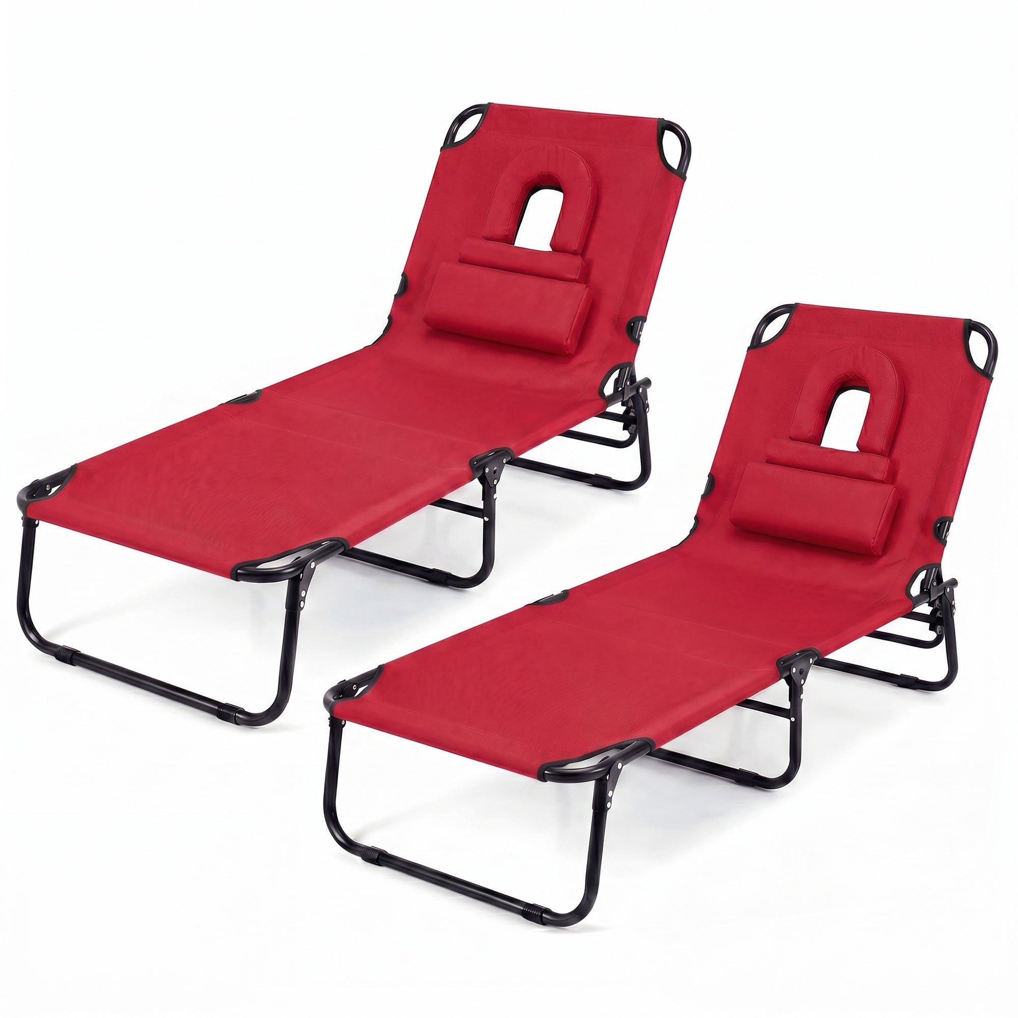 ELLEGNT 2 PCS Beach Lounger with 4?Position Reclining Backrest, Removable Pillows and Face Hole-Folding Design, Red