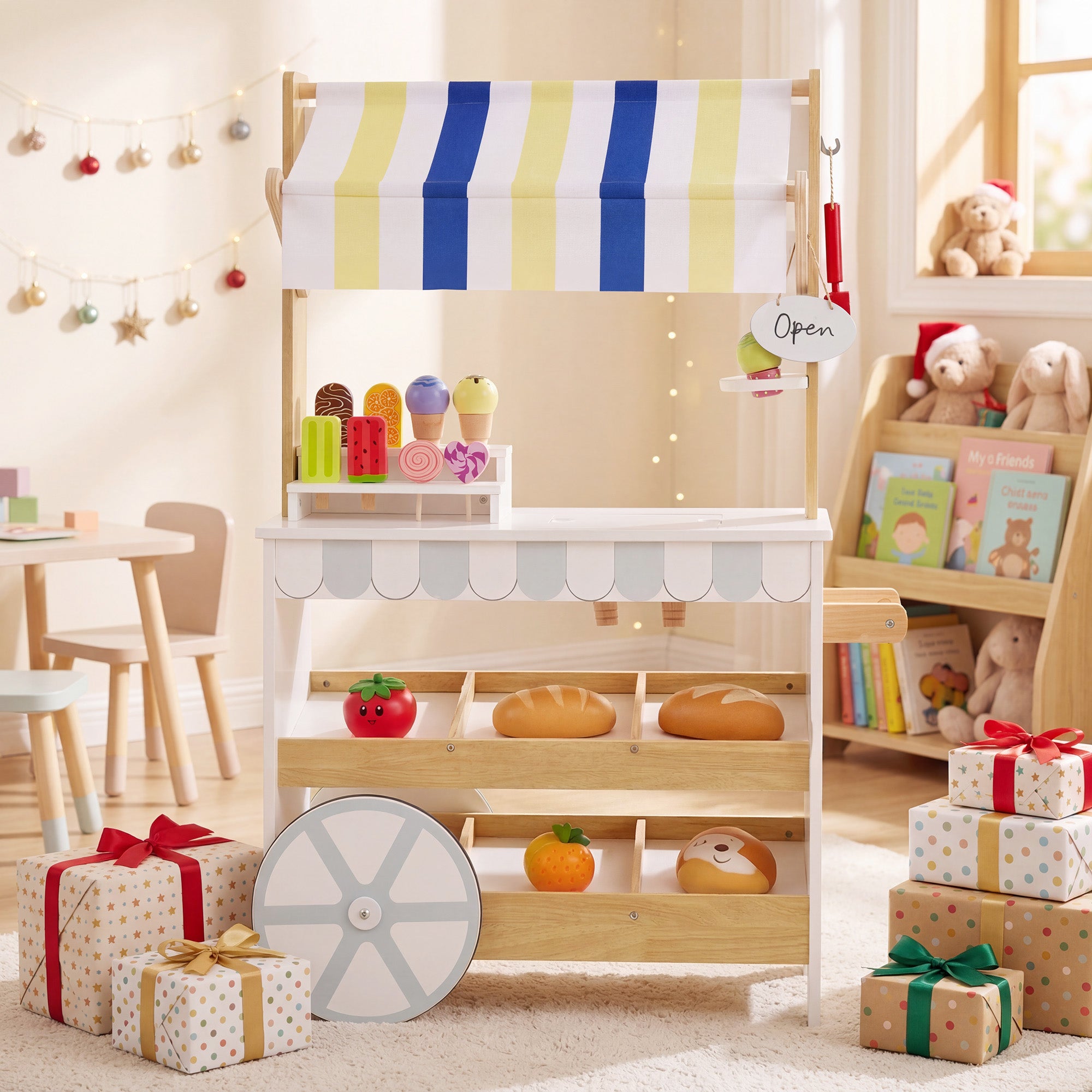 ELLEGNT Kids Wooden Pretend Play Ice Cream Cart-2-in-1 Grocery Store Playset with Display Shelves, White