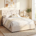 ELLEGNT Queen Size Hydraulic Lift Storage Bed-Tufted Wingback Headboard with Hidden Under-Bed Compartment Beige