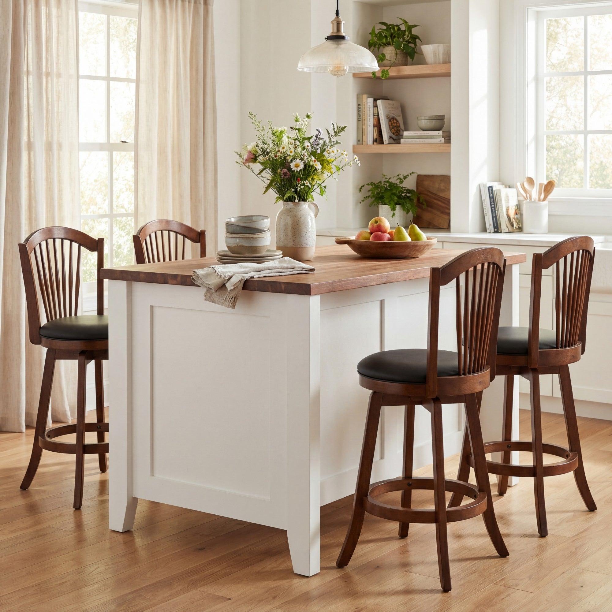 ELLEGNT 25 in Swivel Bar Stools Set of 4 with Backrests-Counter Height Barstools with Wood Frame for Kitchen Island Brown