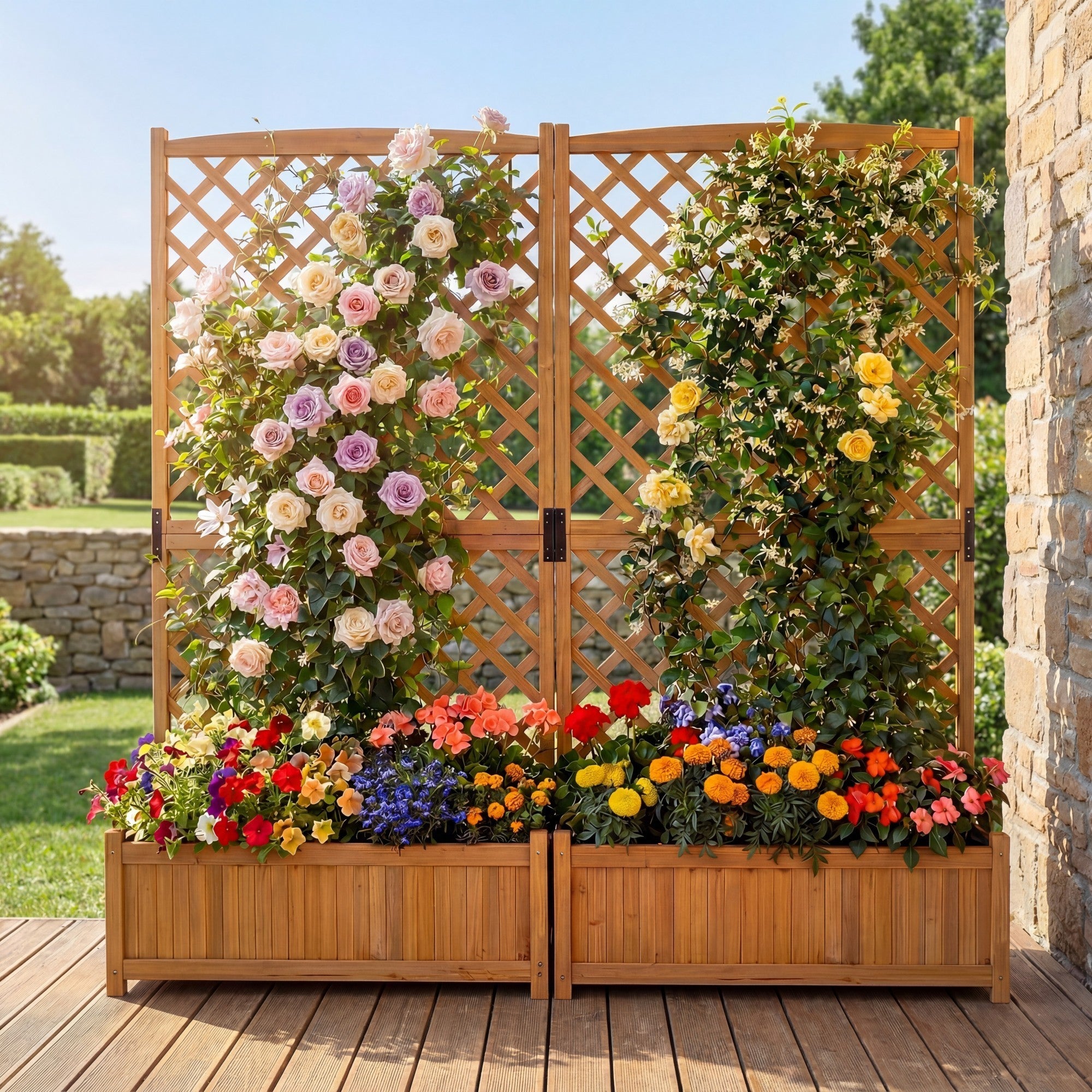 ELLEGNT 2 PCS 71 in Tall Wooden Garden Bed with Trellis-Raised Planter for Climbing Plants and Flowers